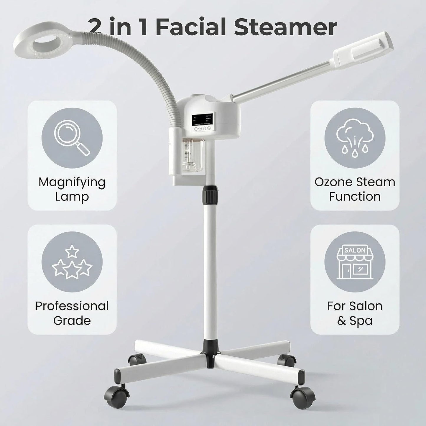 Facial Steamer Professional, Facial Steamer with Magnifying Lamp for Esthetician, 2 in 1 Ozone Steamer for Face, Face Steamer for Facial Deep Cleaning, White.