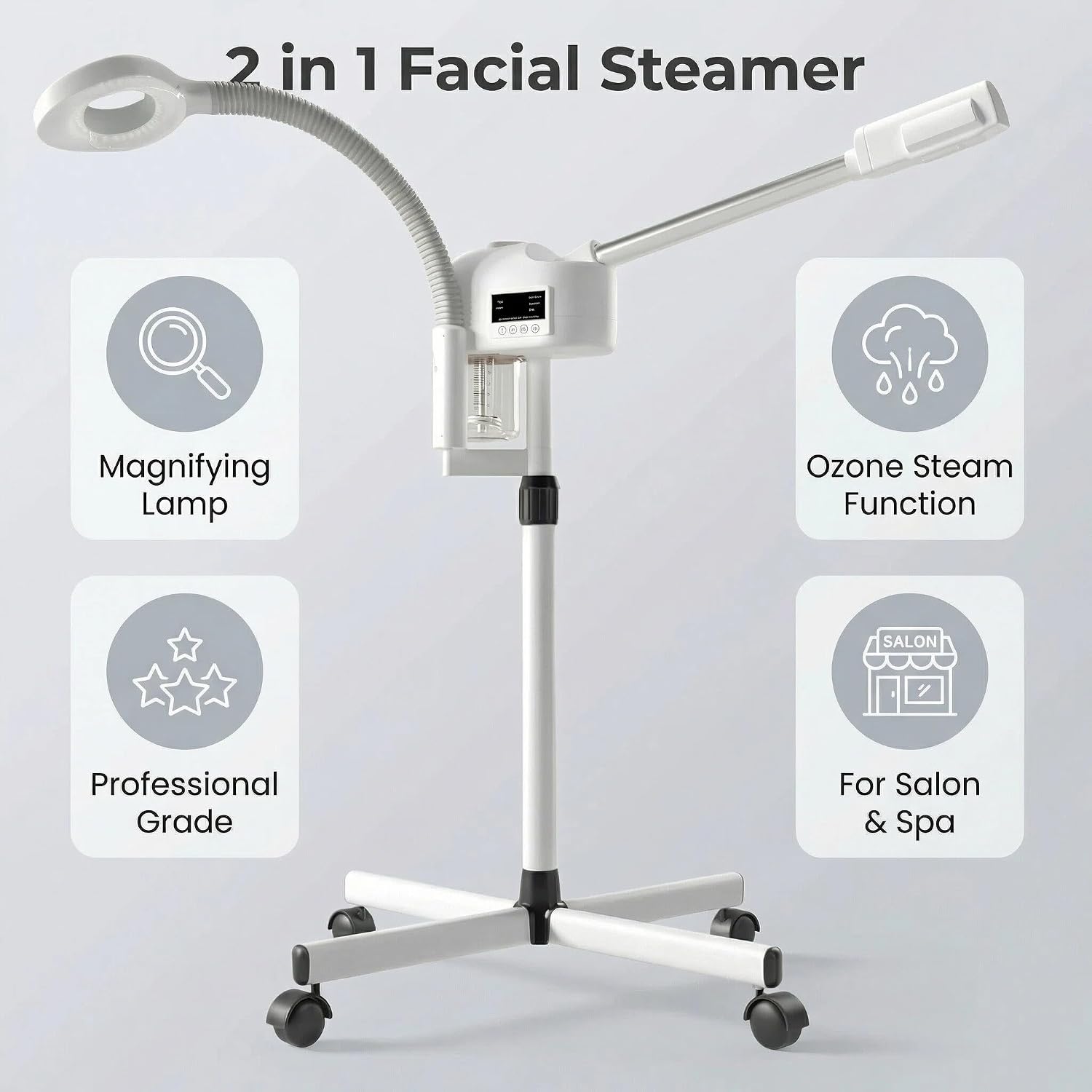Facial Steamer Professional, Facial Steamer with Magnifying Lamp for Esthetician, 2 in 1 Ozone Steamer for Face, Face Steamer for Facial Deep Cleaning, White.