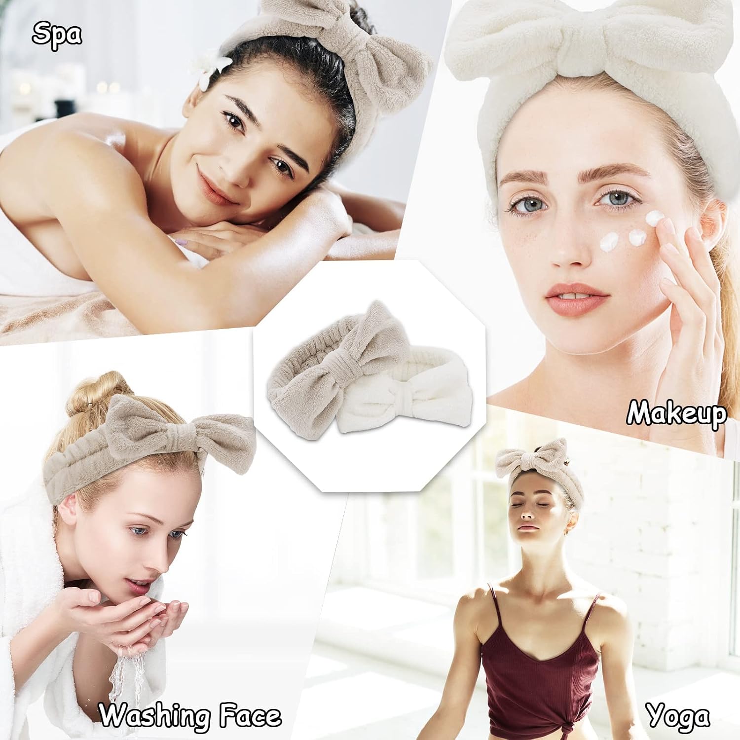 Casoty 6PCS Spa Headband and Wristbands Set,Soft Microfiber Makeup Headband with Bow & Absorbent Wrist Bands,Skincare Hair bands for Women Girls Face Washing Yoga Makeup Self-Care Gifts ﻿