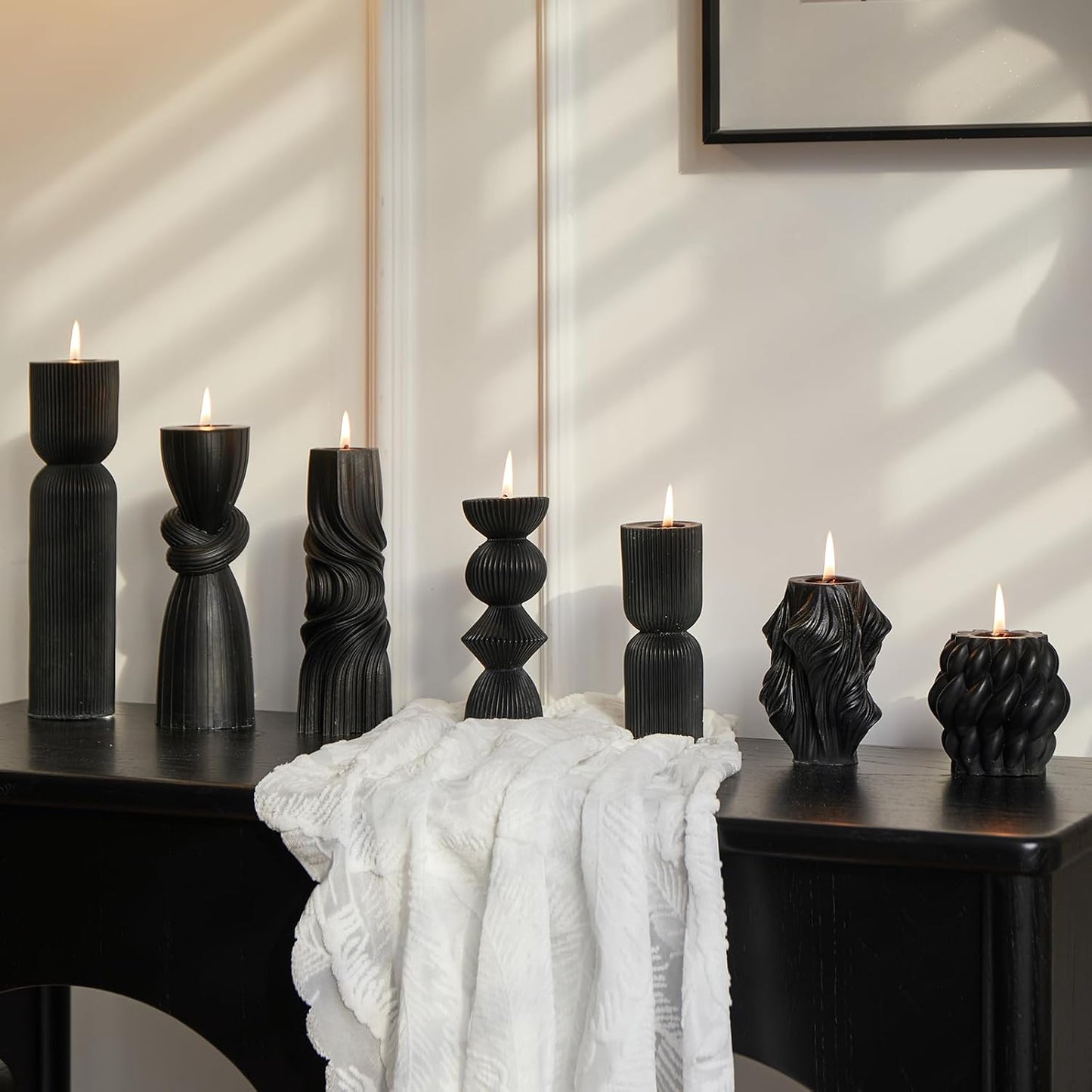 7-Pack Pillar Candles - Soy Wax Handmade Ribbed Candles for Home Decor, Housewarming Gift, Shelf & Table Decor - Aesthetic Modern Candles Set (Black)