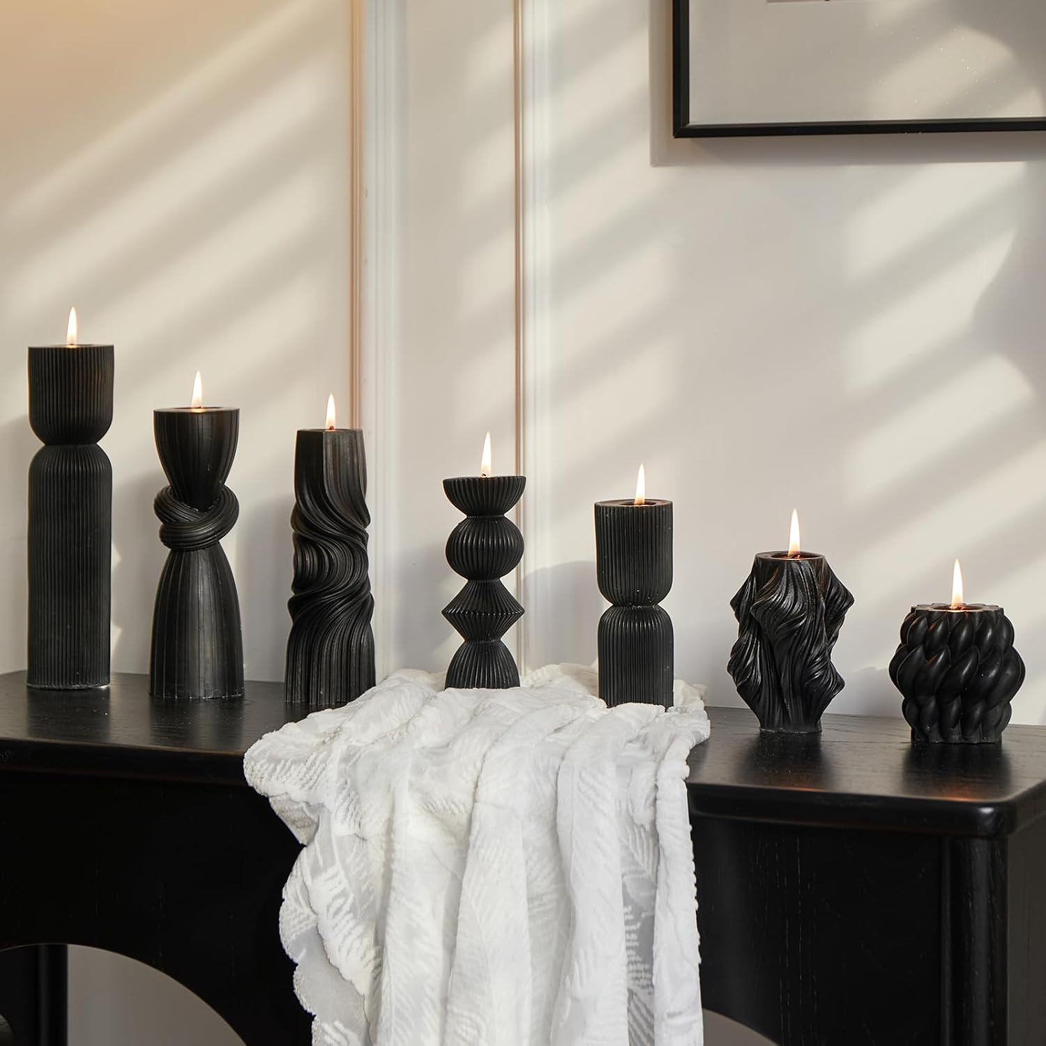 7-Pack Pillar Candles - Soy Wax Handmade Ribbed Candles for Home Decor, Housewarming Gift, Shelf & Table Decor - Aesthetic Modern Candles Set (Black)