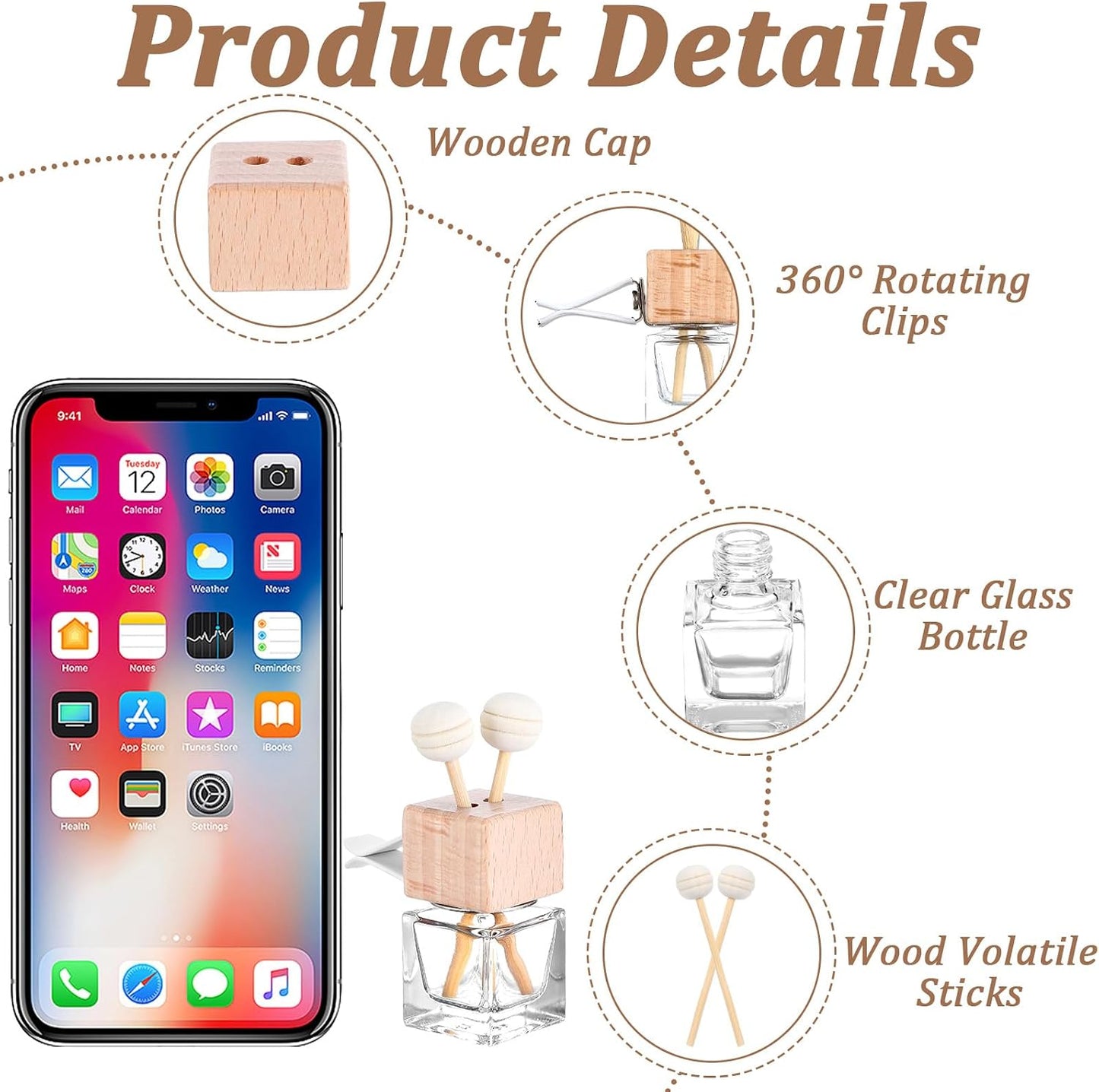 50 Pcs Glass Car Air Freshener Vent Clip Empty Essential Oil Diffuser Bottle Auto Glass Perfume Diffuser with Vent Clip Wooden Cap and Stick for Car Fragrance Ornament (Clear)
