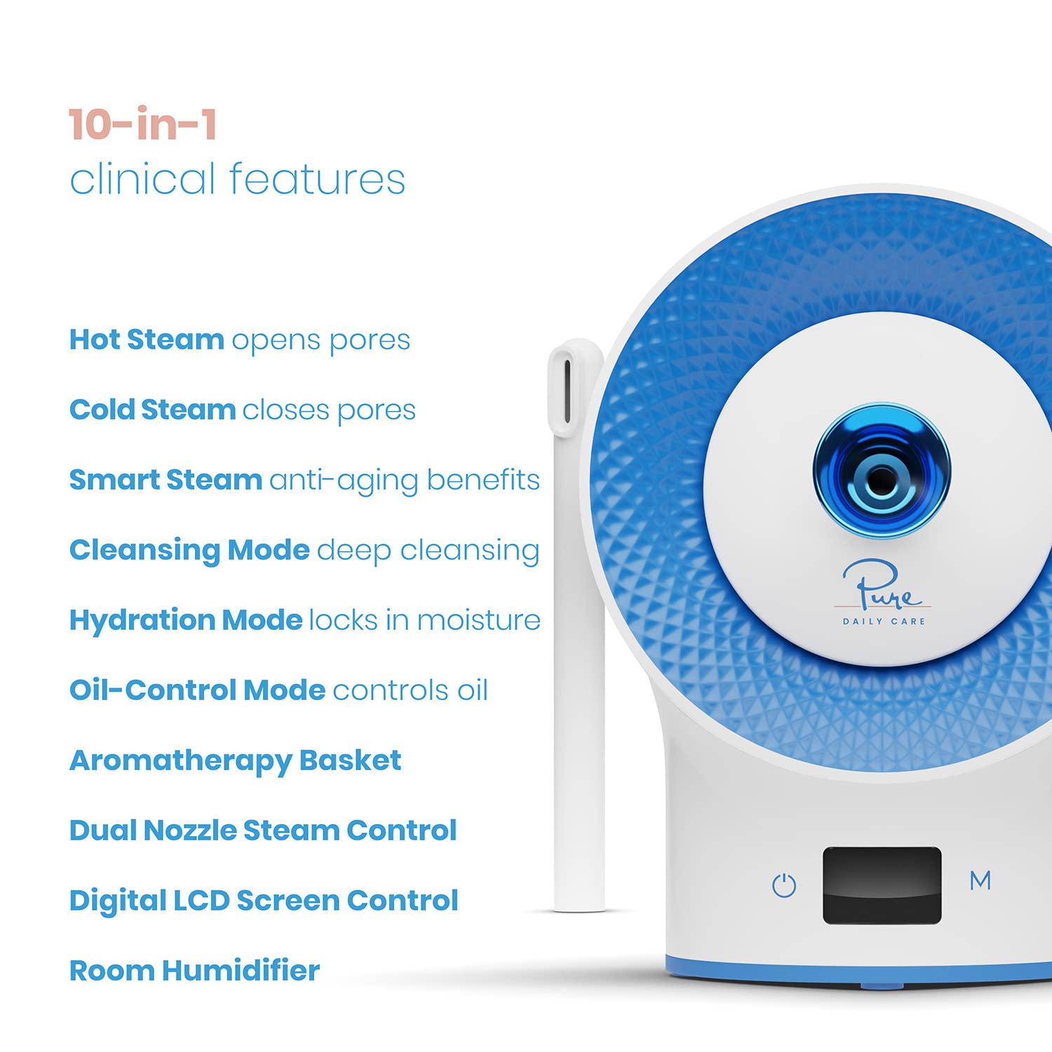Pure Daily Care NanoSteamer Clinical 10-in-1 Smart Dermatologist Grade Ionic Facial Steamer - 2 Multi-Position Face Steamer Nozzles for Aromatherapy - 6 Pre-Porgrammed Modes - Include Extraction Set