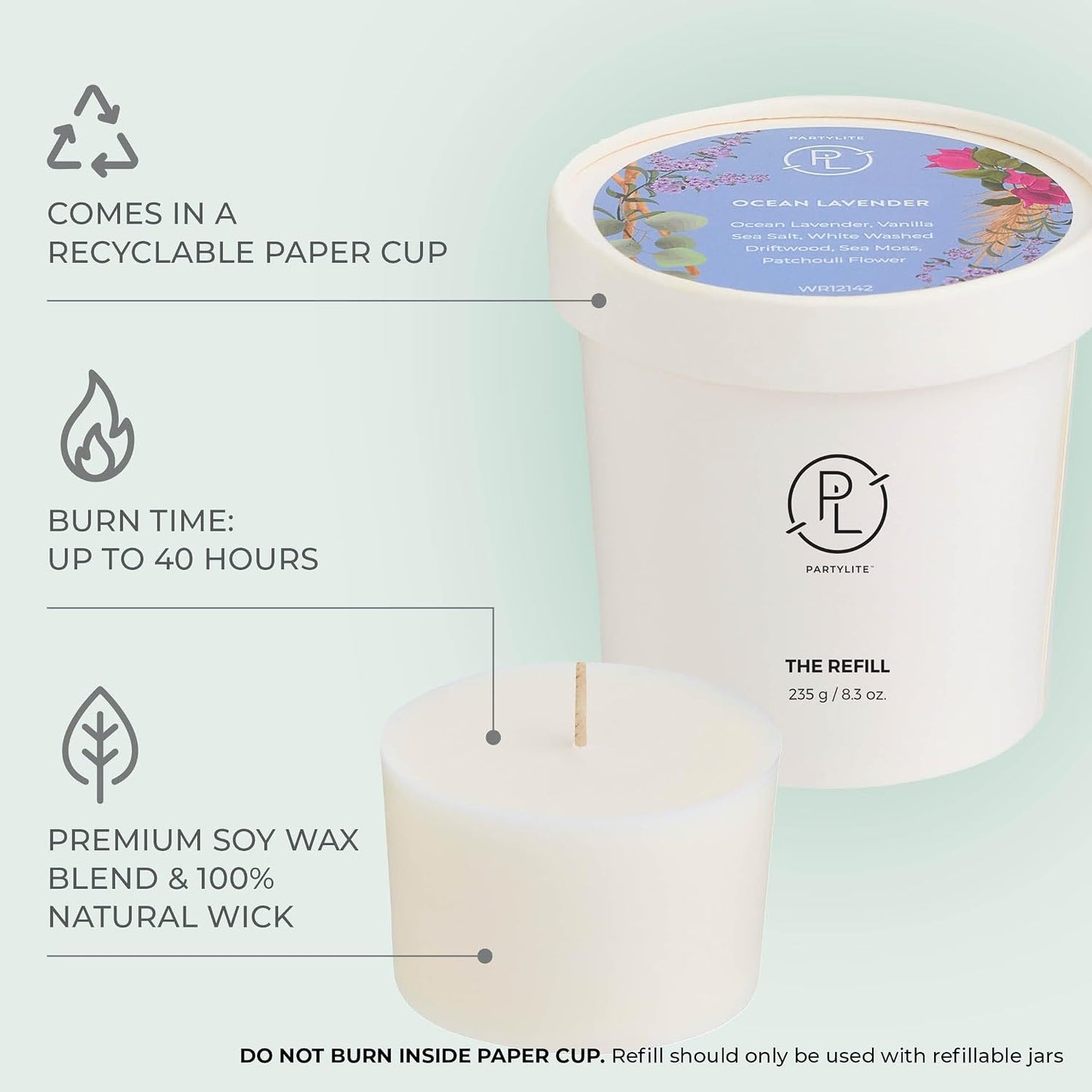 PartyLite Ocean Lavender Scented Candle Refill, Notes of Vanilla Sea Salt, Driftwood, Sea Moss, Patchouli & Eucalyptus, 10oz 1-Wick Aromatherapy, 40 Hours of Luxury Fragrance, Sustainable Soy Wax