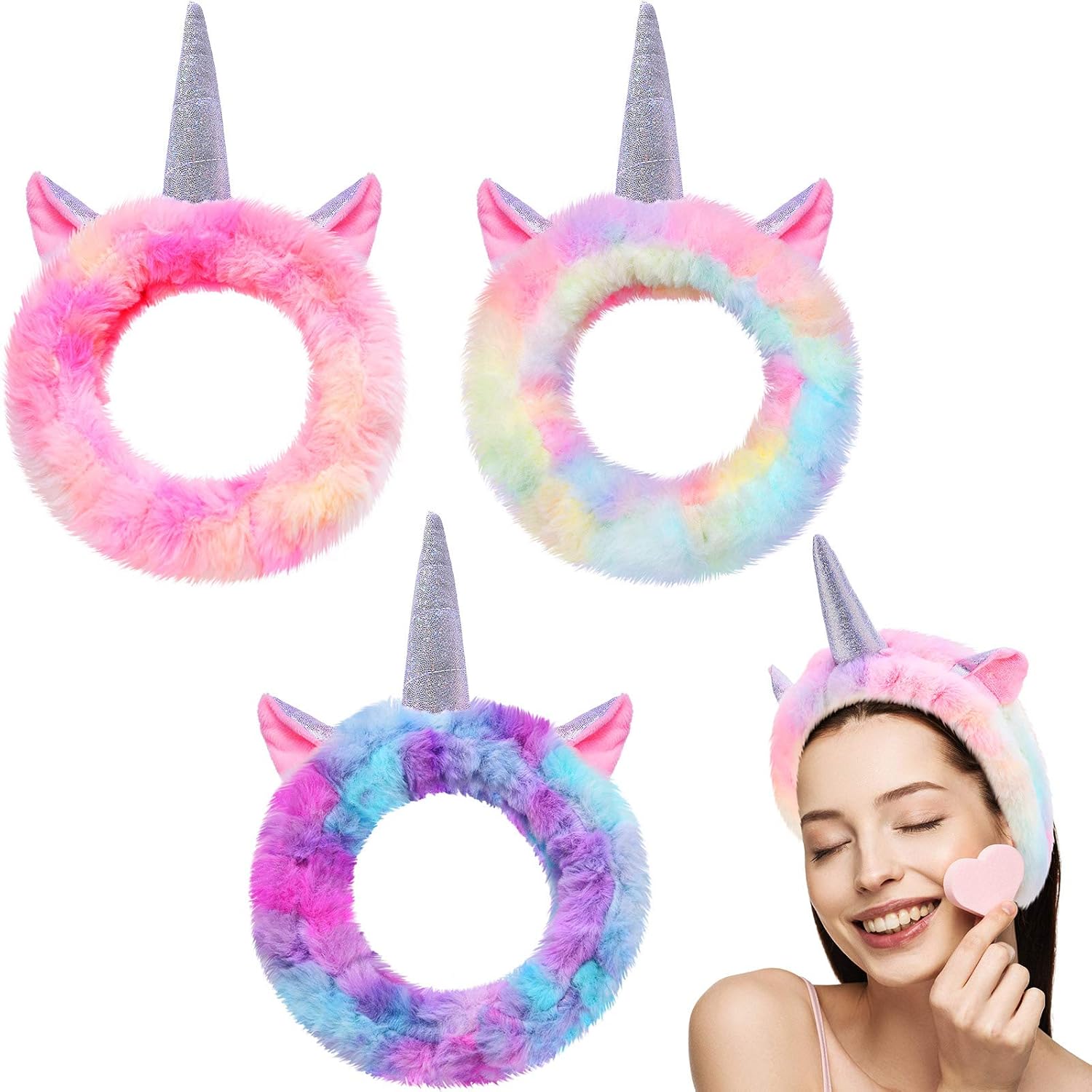 Chuangdi 3 Pieces Unicorn Headbands Unicorn Makeup Bandeau Spa Head Wrap Crown Cute Shower Hairband Gifts for Women Girls Washing Face, Makeup, Sports, Yoga, Spa