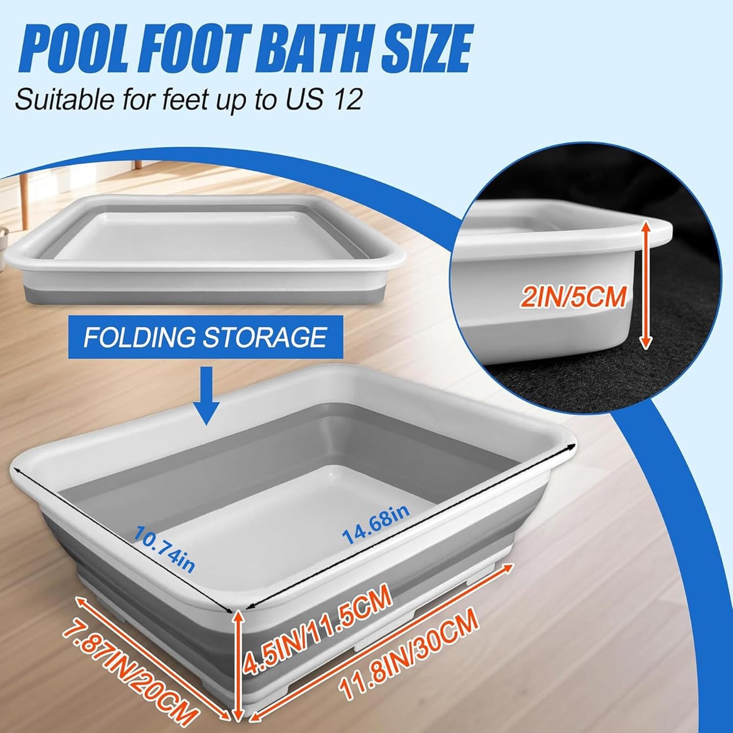 Pool Foot Bath Tray for Swimming Pool, Non- Slip Collapsible Foot Bath for Pool, Portable Foot Tub for Pool for Above Ground Pool Accessories, Rinse Feet Keep Pool Clean (Grey + White)