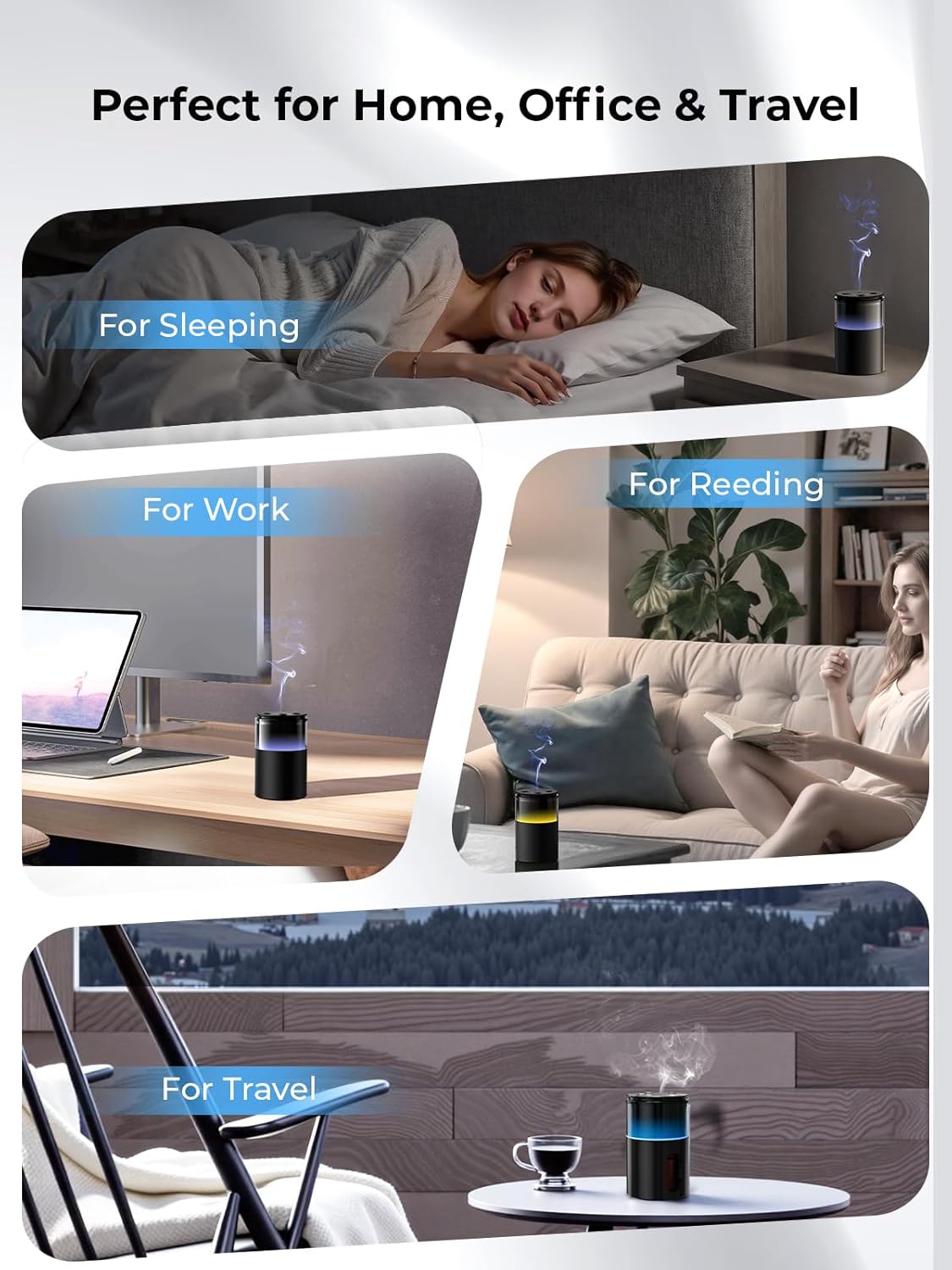 Waterless Essential Oil Diffuser: 𝟗 𝐂𝐨𝐥𝐨𝐫𝐬 𝐋𝐄𝐃 Scent Diffuser for Home&Car&Office - Portable Diffuser with 48H Battery, 4 Timers & 3 Mist Levels, Charcoal Black