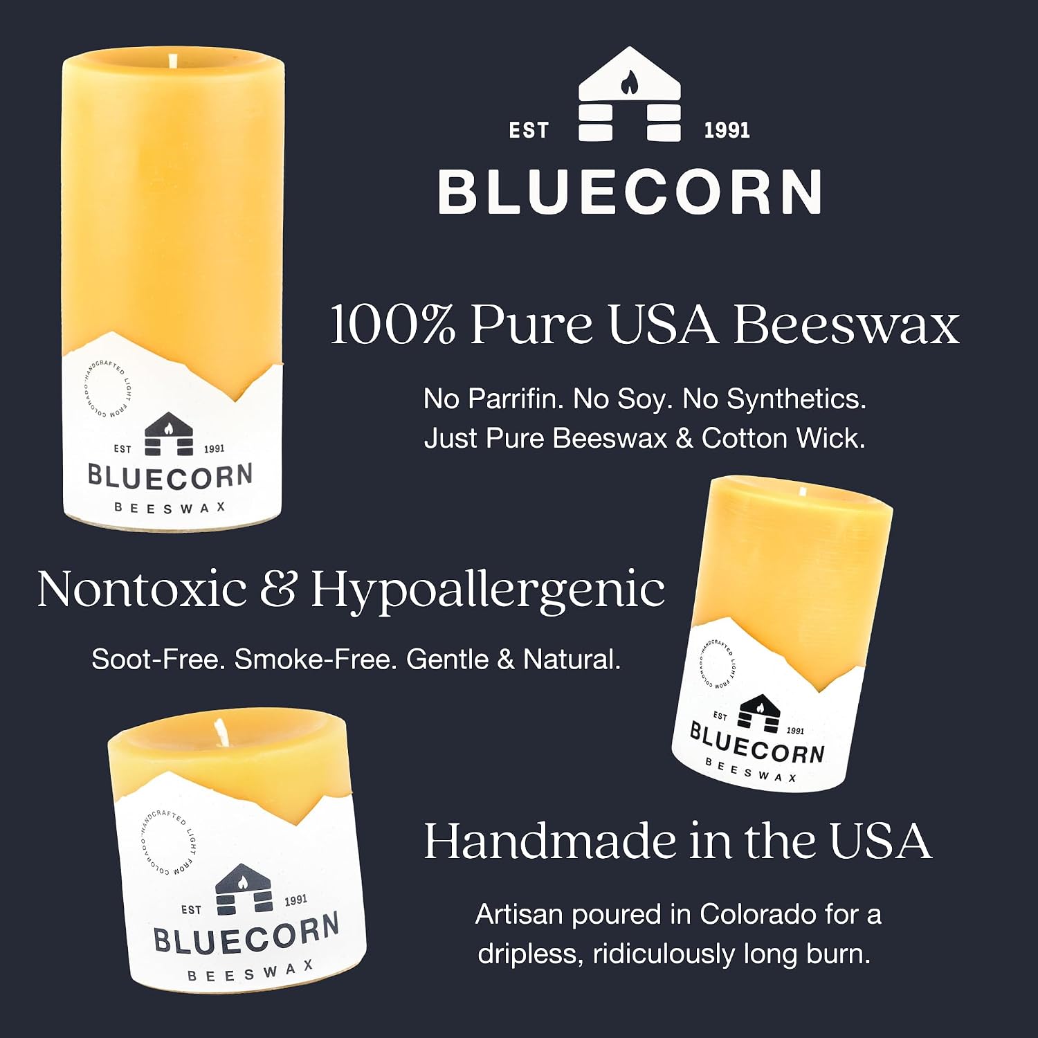Bluecorn Beeswax Pillar Candle, 100% Pure Natural Bees Wax, Hand Poured 3x3 Candle, Clean Burning & Dripless, Long Lasting (50 Hrs), Paraffin, Soy & Fragrance Free, Home Decor, American Made, 1 Count