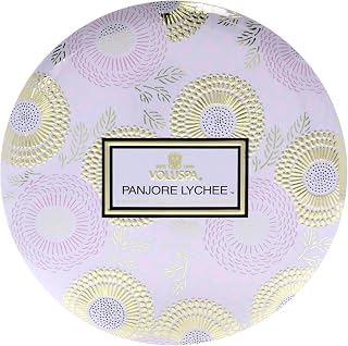 Voluspa Panjore Lychee, 3 Wick Tin Candle, 12 ounce, 40 Hour Burn Time, Coconut Wax for Clean Burning, Handcrafted in the USA