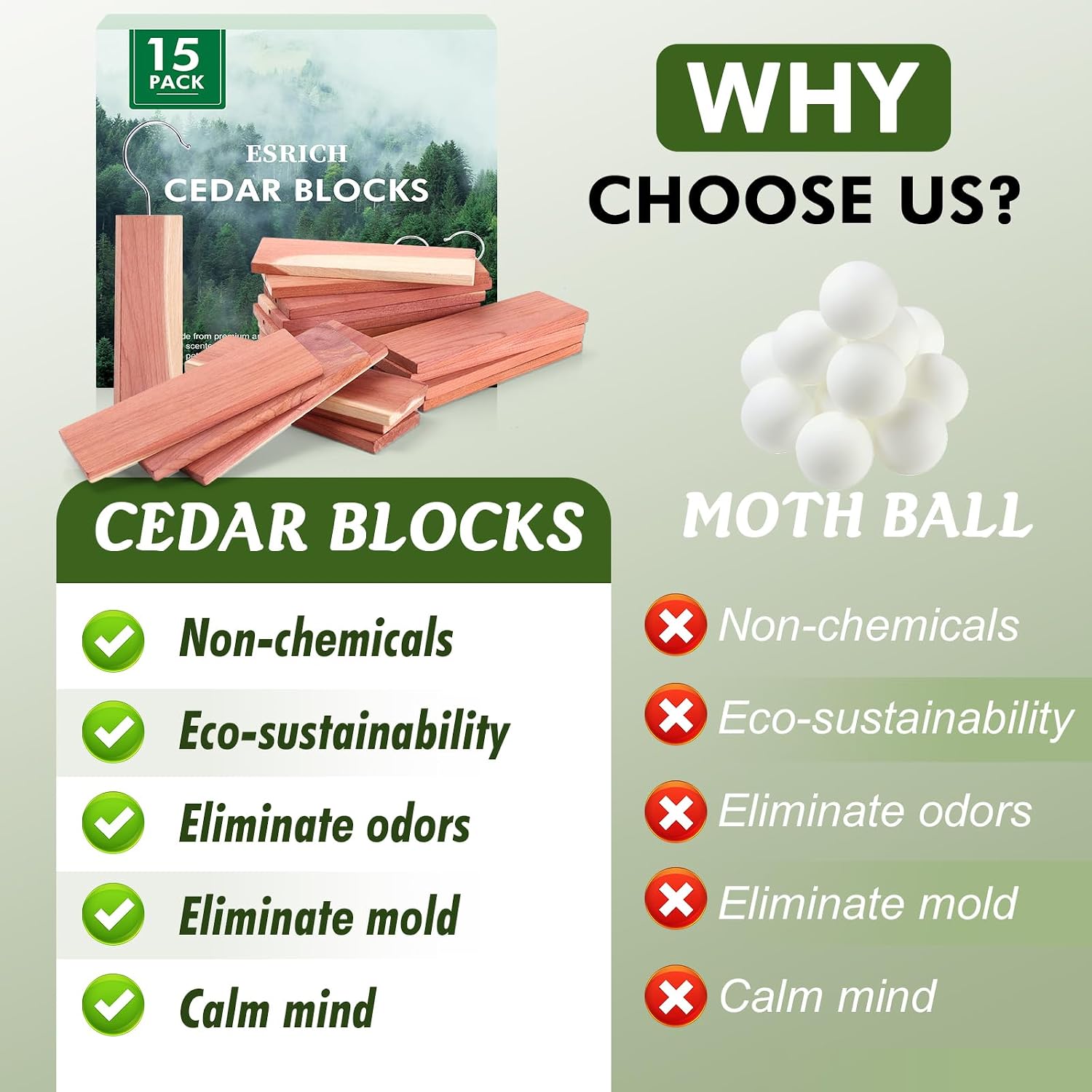 ESRICH Cedar Blocks for Clothes Storage,15 Pack with Metal Hooks,100% Natura Cedars Wood for Closets,Cedars Planks with Sandpaper,Cedar Chips for Closets and Drawers