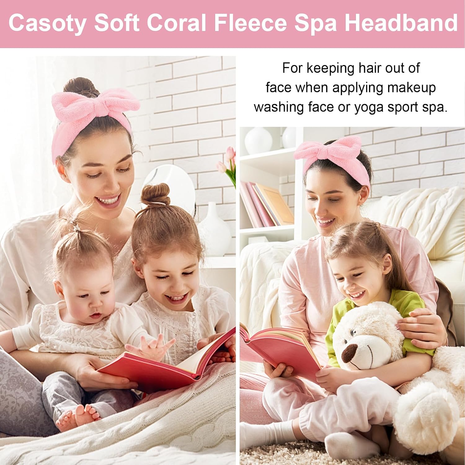 Casoty 12 Pcs Pink Spa Headband, Makeup Headband for Women, Soft Coral Fleece Skincare Headbands for Makeup, Bow Hair Band for Face Washing Shower Skin Care Yoga