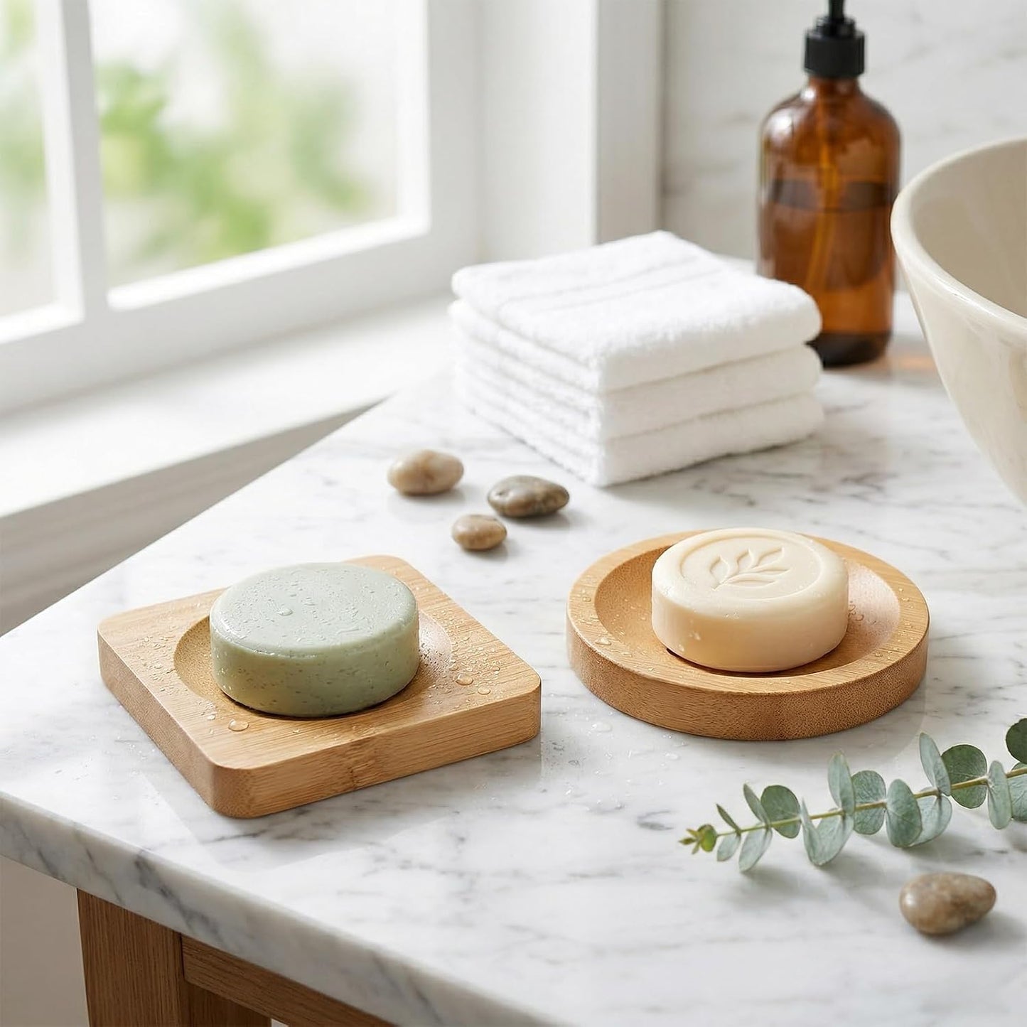 2 Pcs Shower Steamer Holder, Bamboo Soap Dish, Bamboo Soap Holder Wooden Soap Dishes for Shower, Bar Soap Holder with Self Draining Tray for Kitchen Bathroom Accessories(Round and Square)