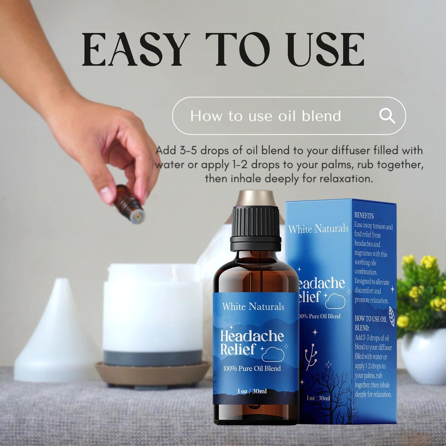 White Naturals Headache Relief Essential Oil Blend – Soothing Aromatherapy Oil for Tension & Headache Relief, 100% Pure & Natural Essential Oils for Calm & Relaxation, 1oz