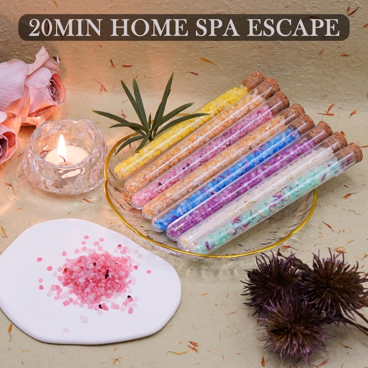 Bath Salts for Women Relaxing, Birthday Gift Set, 8 Cute Individually Wrapped, Organic with Essential Oils, Dead Sea Salt, Dried Flowers, Self Care for Mom, Girlfriend, Her, 8 Scents, Total 8 oz