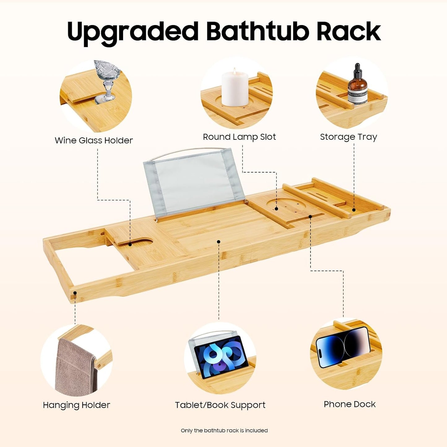Bamboo Bath Tray, Table Bathroom Tub Shelf Bath Desk Movable Pad Tablet Holder Over Tub Shelf Length Adjustable Natural Wood Bath Tub Organizer Placed Book Smartphone