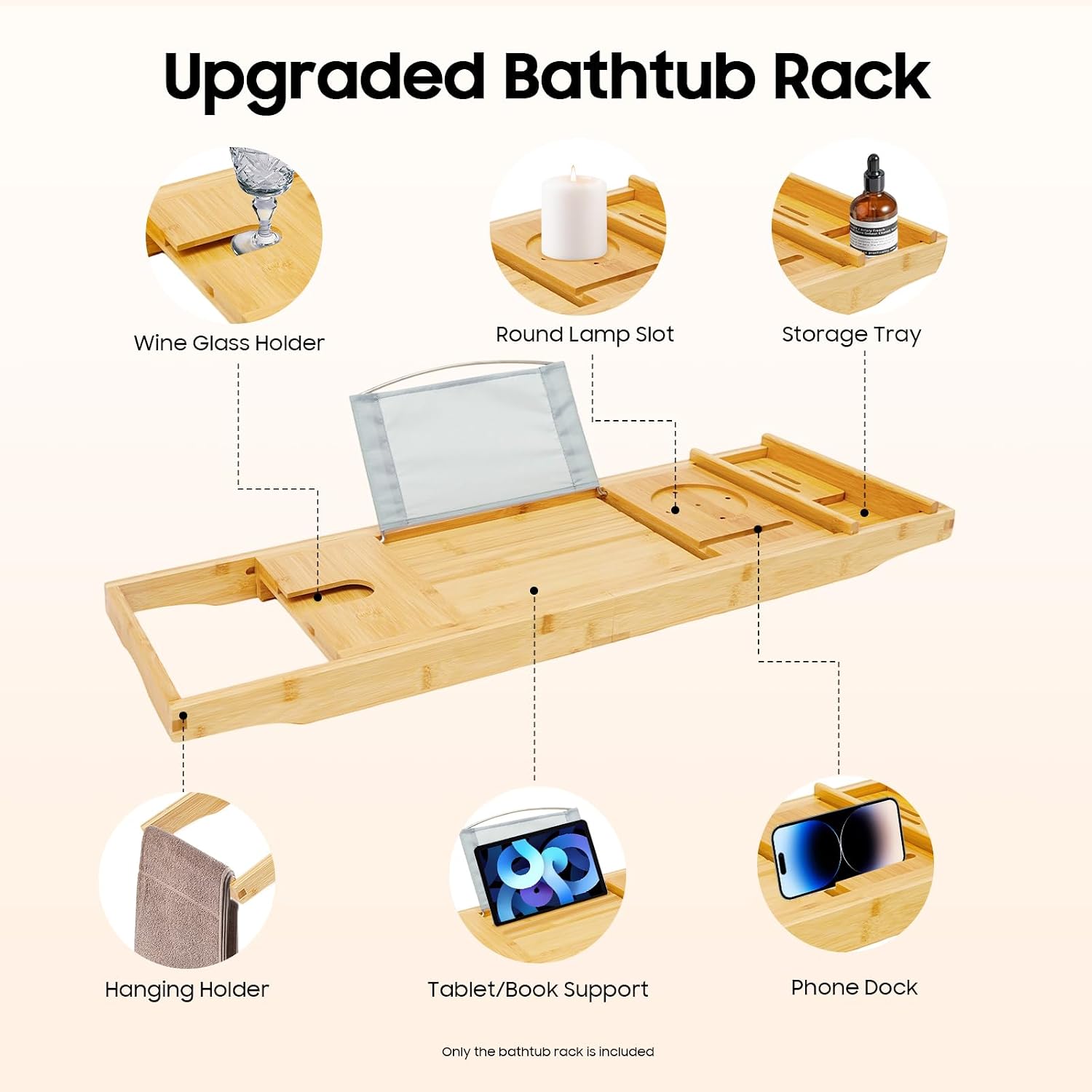 Bamboo Bath Tray, Table Bathroom Tub Shelf Bath Desk Movable Pad Tablet Holder Over Tub Shelf Length Adjustable Natural Wood Bath Tub Organizer Placed Book Smartphone