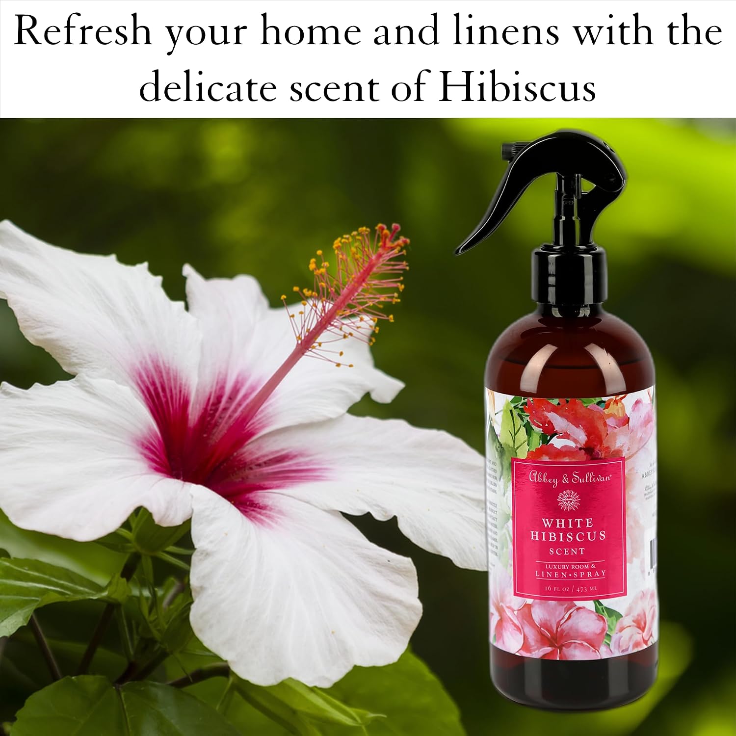 Abbey & Sullivan Linen Spray, White Hibiscus, Fabric Freshener and Fragrance Room Spray, Pack of 2, 16 oz