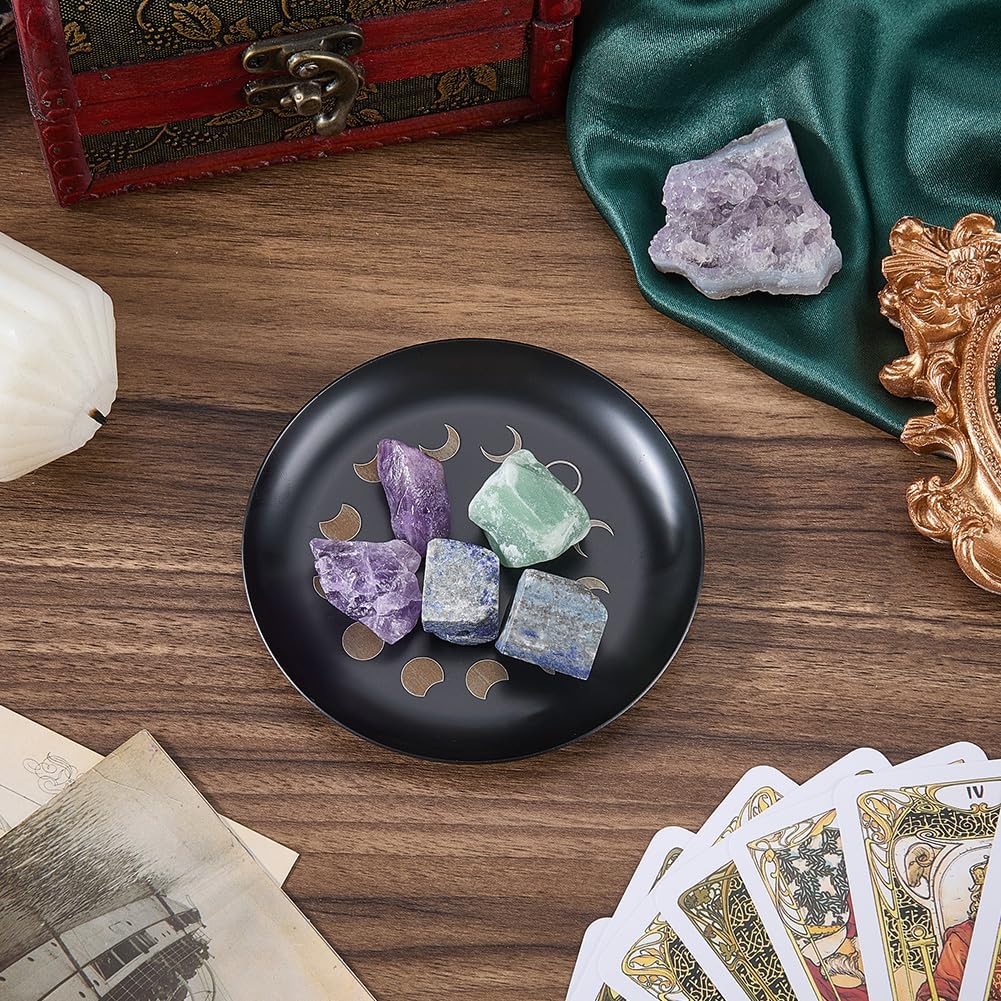 CREATCABIN Moon Phase Altar Ritual Plate Dish Stainless Steel Flat Bowl Black Jewelry Tray Round Tarot Offering Bowl Dish Candle Trinket Holder for Incense Burner Dowsing Divination 4 Inch
