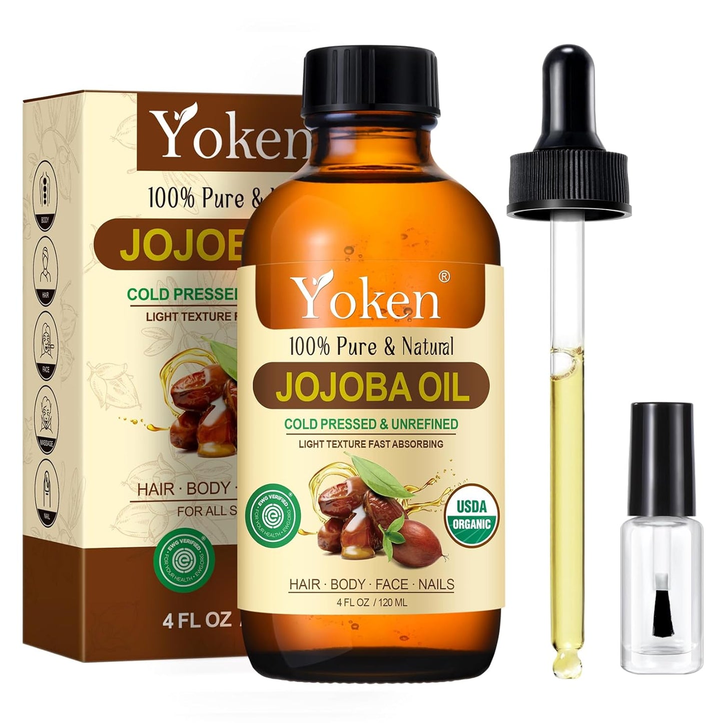 Yoken 4oz Jojoba Oil (EWG Verified) 100% Pure Cold Pressed Jojoba Oil for Face, Hair, Nails and Skin, Unrefined & Hexane Free, Natural Body Facial Moisturizer Multi-purpose oil Base Carrier Oil
