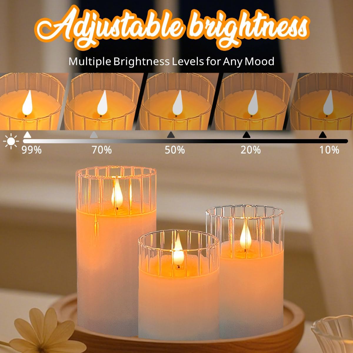 LEDHOLYT Rechargeable Flameless Glass Pillar Candles – Remote & Timer – Set of 3 White Stripes Realistic Flickering LED Light, Ideal for Living Room, Bedroom & Holiday Décor& Gifts for Women