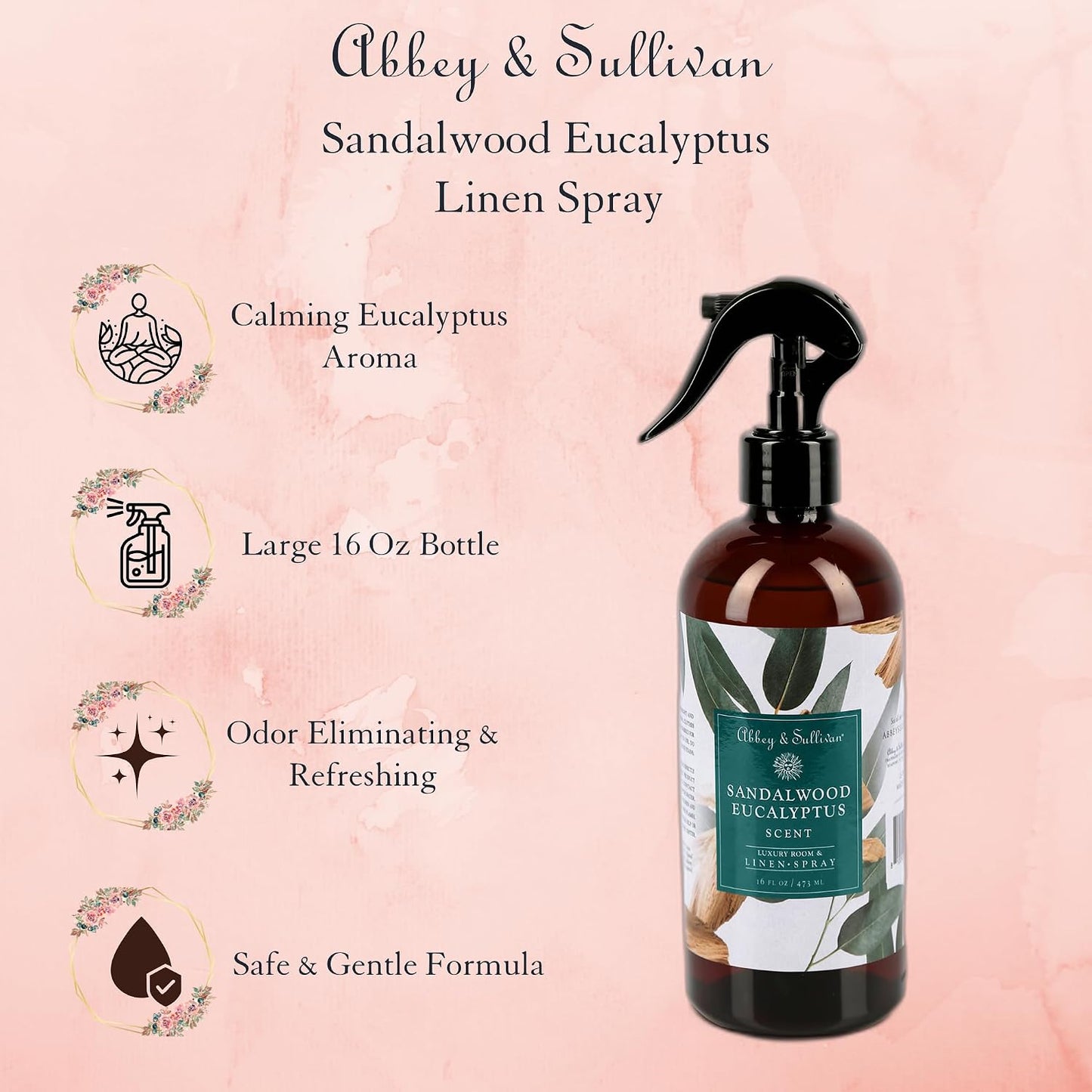 Abbey & Sullivan Linen Spray, Sandalwood Eucalyptus, Fabric Freshener and Odor Eliminator, Pack of 2, 16 oz