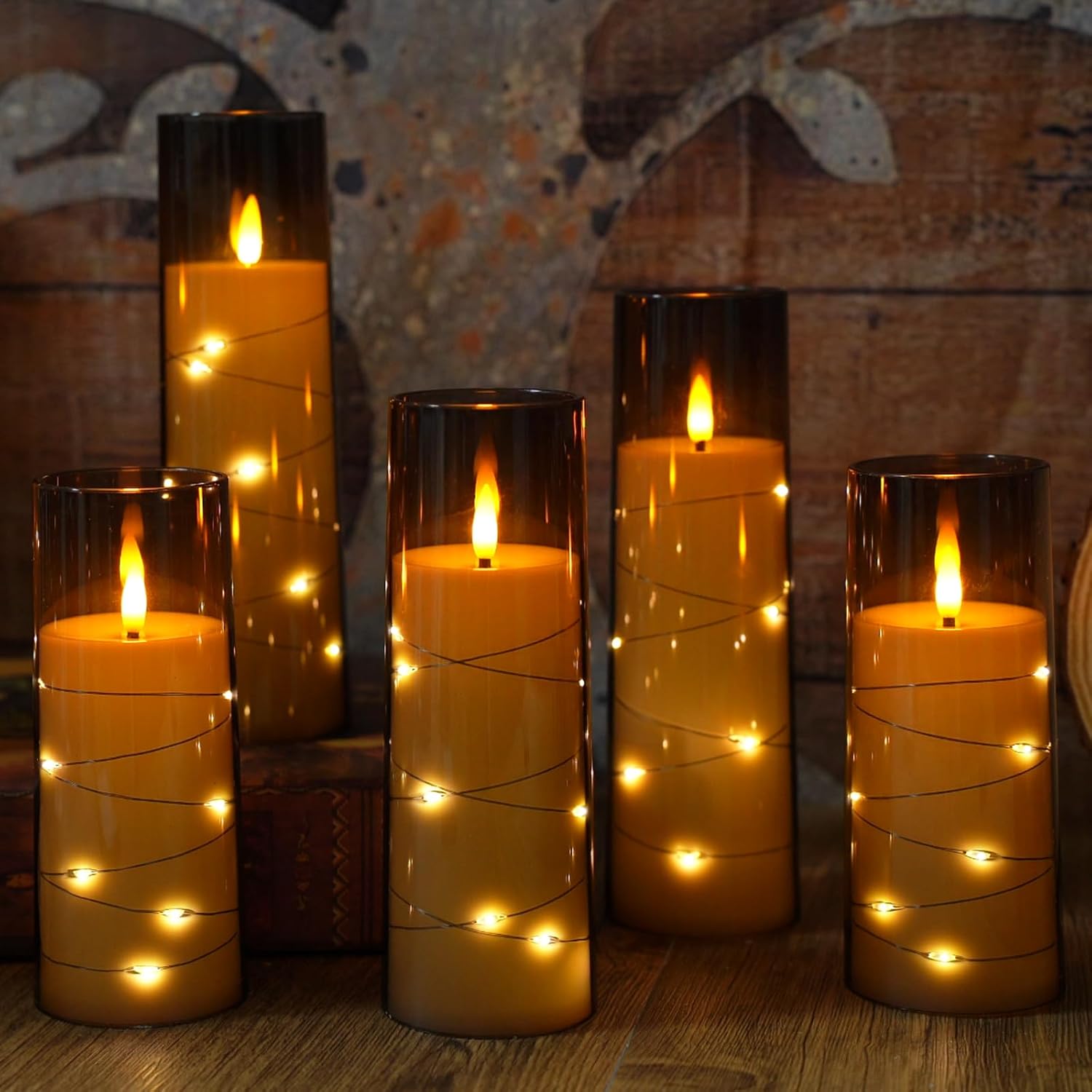 Eebuss Flameless Candles with Embedded Star String, Battery Operated LED Pillar Candles with Timer and Remote Control,Home Decorating for Ambiance， Set of 7(Grey)