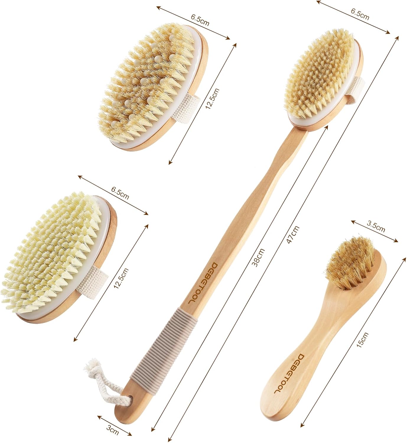 DEBETOOL Dry Brushing Set - Natural Boar Bristle Body & Face Brush, Wooden Long Handle Scrub Brush for Cellulite & Lymphatic Drainage Body Care, Detachable, 3 Brush Heads