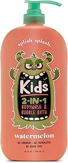 Splish Splash Kids 2-in-1 Body Wash & Bubble Bath | Tear-Free, Paraben-Free & Dye-Free | Gentle Suds for All Skin Types – Fun Bath Time for Kids – Watermelon 32 Fl Oz