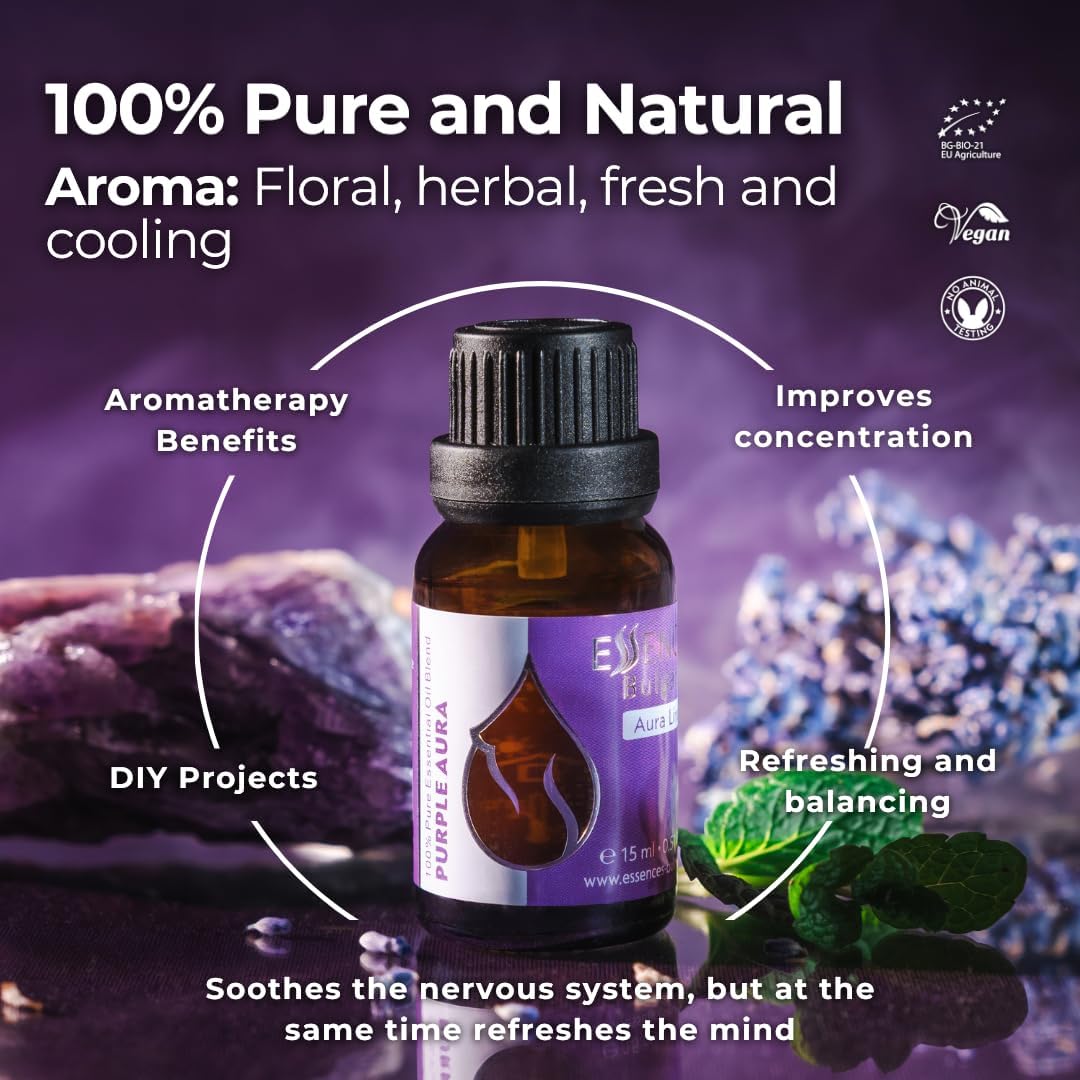 Essences Bulgaria Purple Aura Organic Essential Oil Blend 0.51 Fl Oz | 15ml | Lavender, Japanese Mint, Eucalyptus | Aromatherapy, Sauna & SPA | 100% Pure & Natural | Undiluted