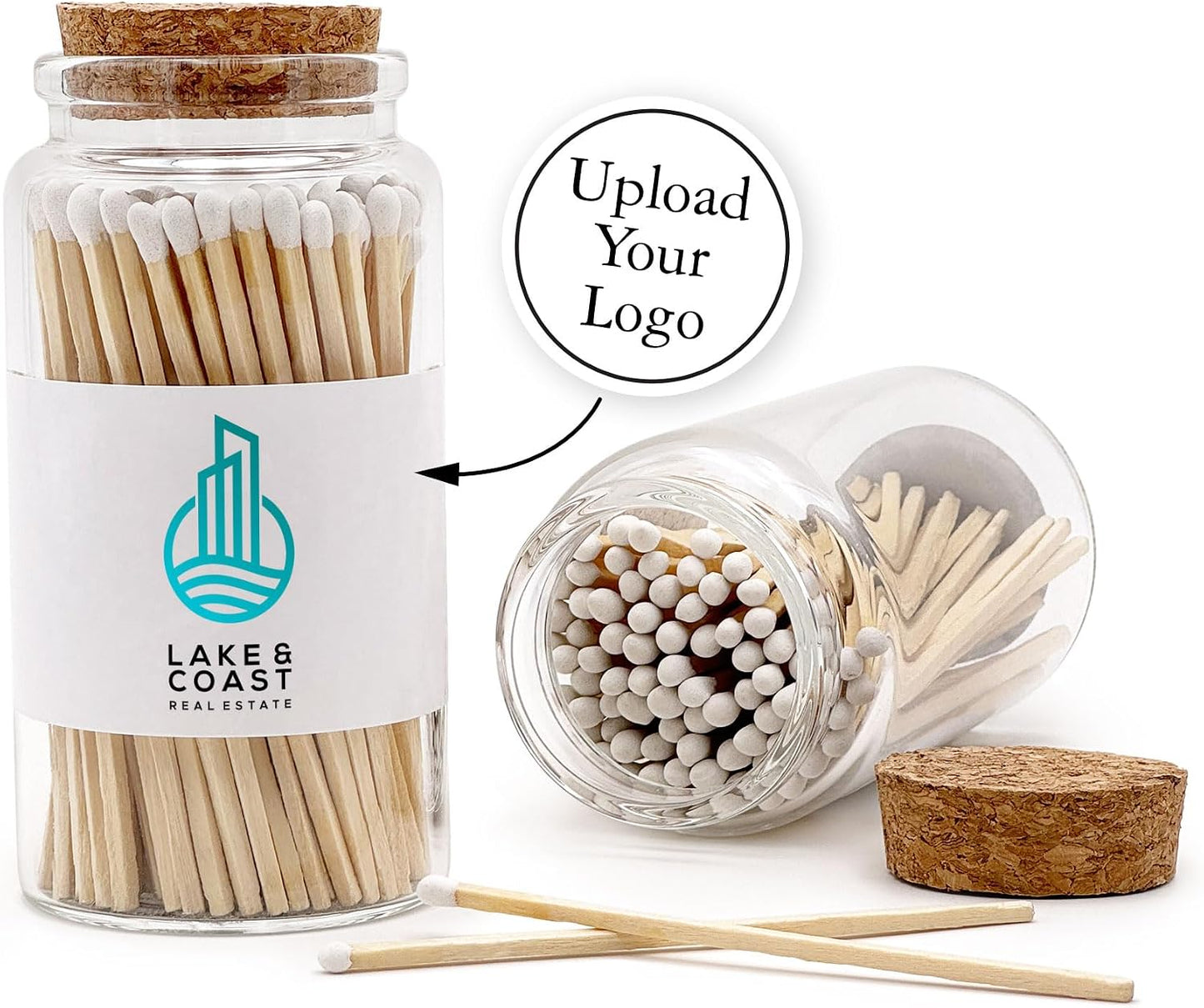 Custom Wooden Matches in a Jar with Striker - Realtor Swag, Real Estate Agent Marketing - Personalized Matches Bulk with Your Logo, Long Matches in Apothecary Glass Jar, Approx. 80 Safety Matches