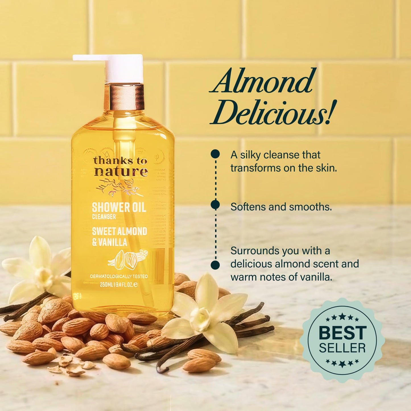 Shower Oil for Women with Sweet Almond and Vanilla, Luxe Oil Body Wash That Softens Skin, Cleansing Oil for Normal to Dry Skin, 8.45 fl oz