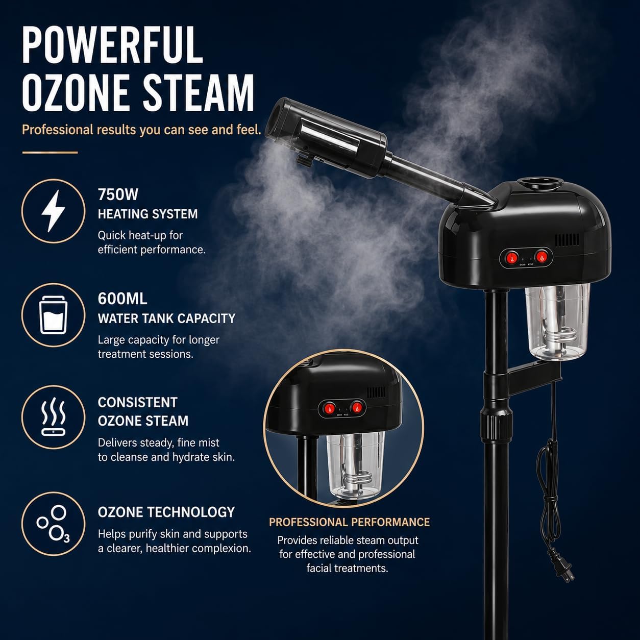 2-in-1 Professional Facial Steamer with 3X Magnifying Lamp, Ozone Face Steamer with Adjustable Height, Rolling Stand, 750W, Black