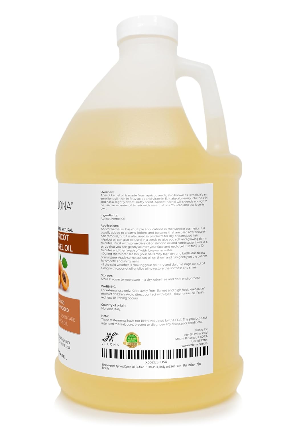 velona Apricot Kernel Oil 64 fl oz | 100% Pure and Natural Carrier Oil | Refined, Cold Pressed | Hair, Body and Skin Care | Use Today - Enjoy Results