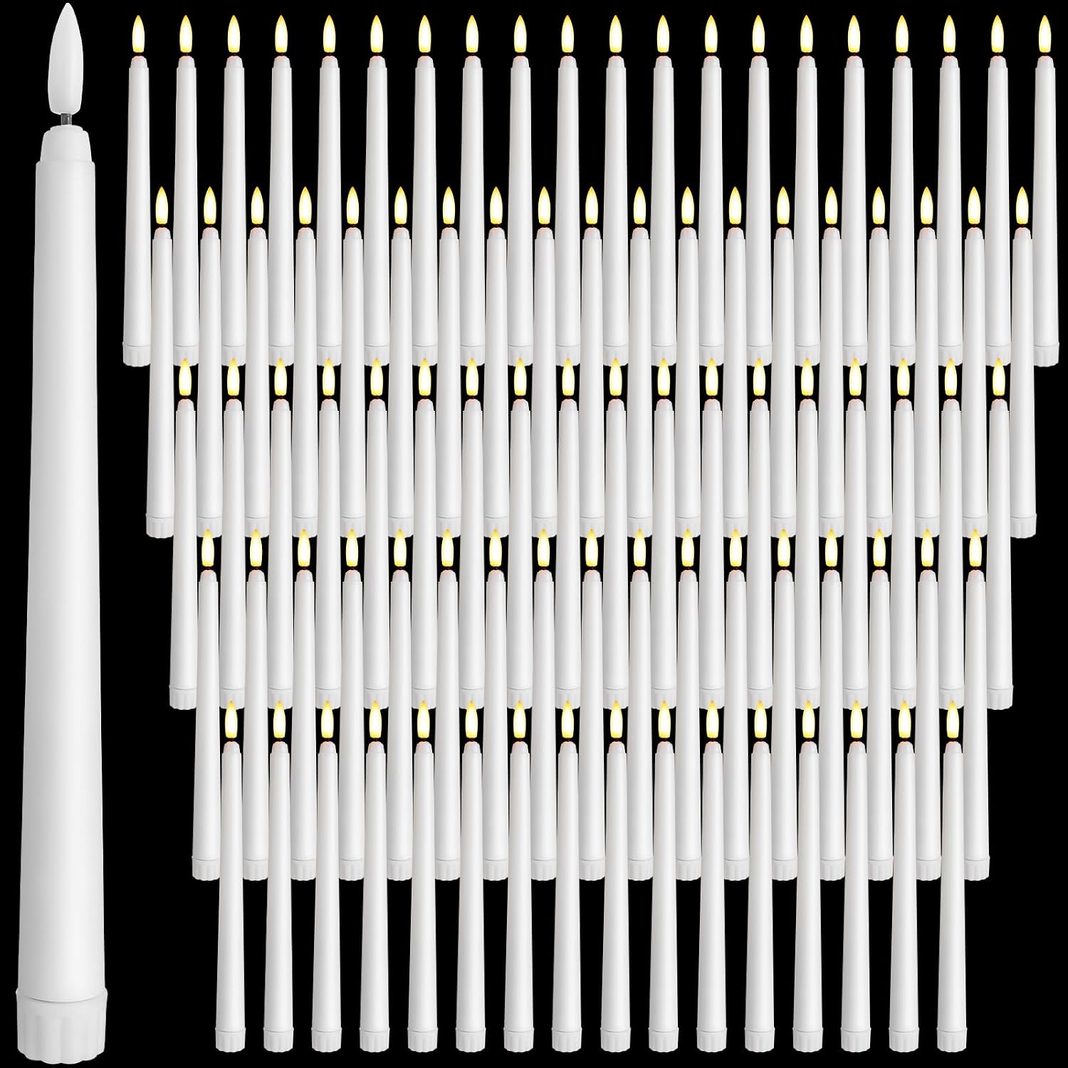 Baquler 100 Pcs 9.7 Inch Flameless Taper Candles Battery Operated Taper Candles Bulk LED Flickering White Candlesticks for Wedding Church Table Centerpiece Halloween Christmas Party Decor
