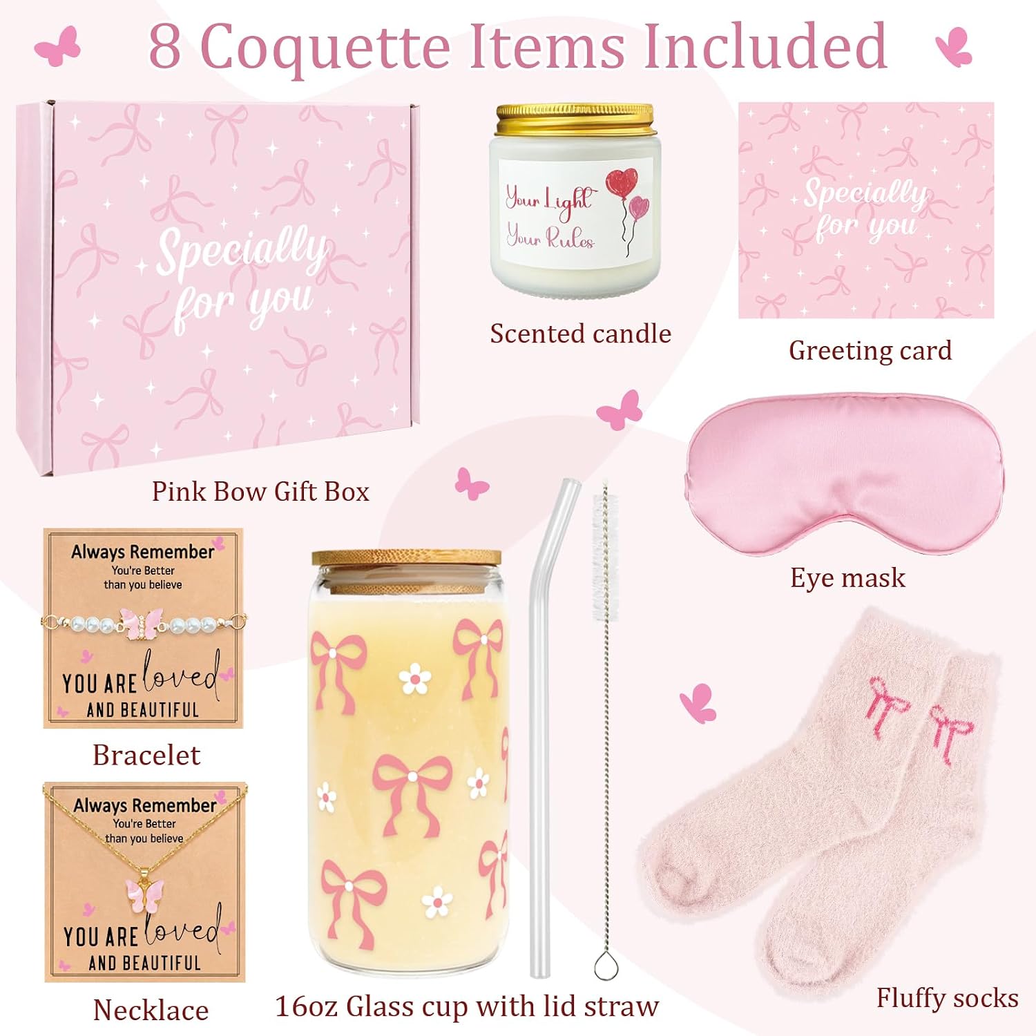 Pink Gifts for Women - 8PCS Pink Bow Gift Set for Her - Coquette Birthday Basket for Friends - Aesthetic Bow Accessories Set for Valentine's Day - Girly Stuff for Galentines