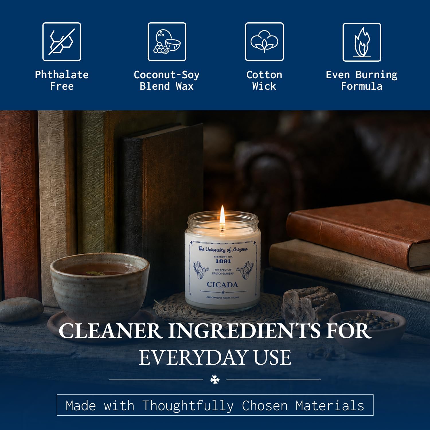 CICADA Succulent Garden Scented Candle Memory No.1891, University of Arizona Inspired Coconut-Soy Blend Wax, Cotton Wick, Cactus Sap Garden Greens Desert Soil Aroma, Hand-Poured Arizona Home Fragrance