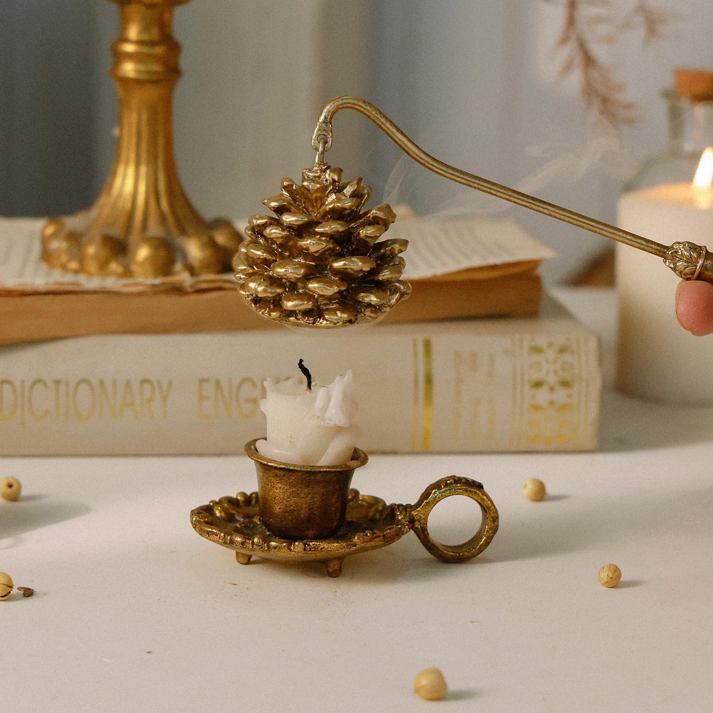 NIKKY HOME Candle Snuffer, Gold Candle Snuffer Extinguisher with Handle, Metal Wick Flame Snuffer with Antique Gold Finish Candle Snuffers Accessory for Candle Lovers