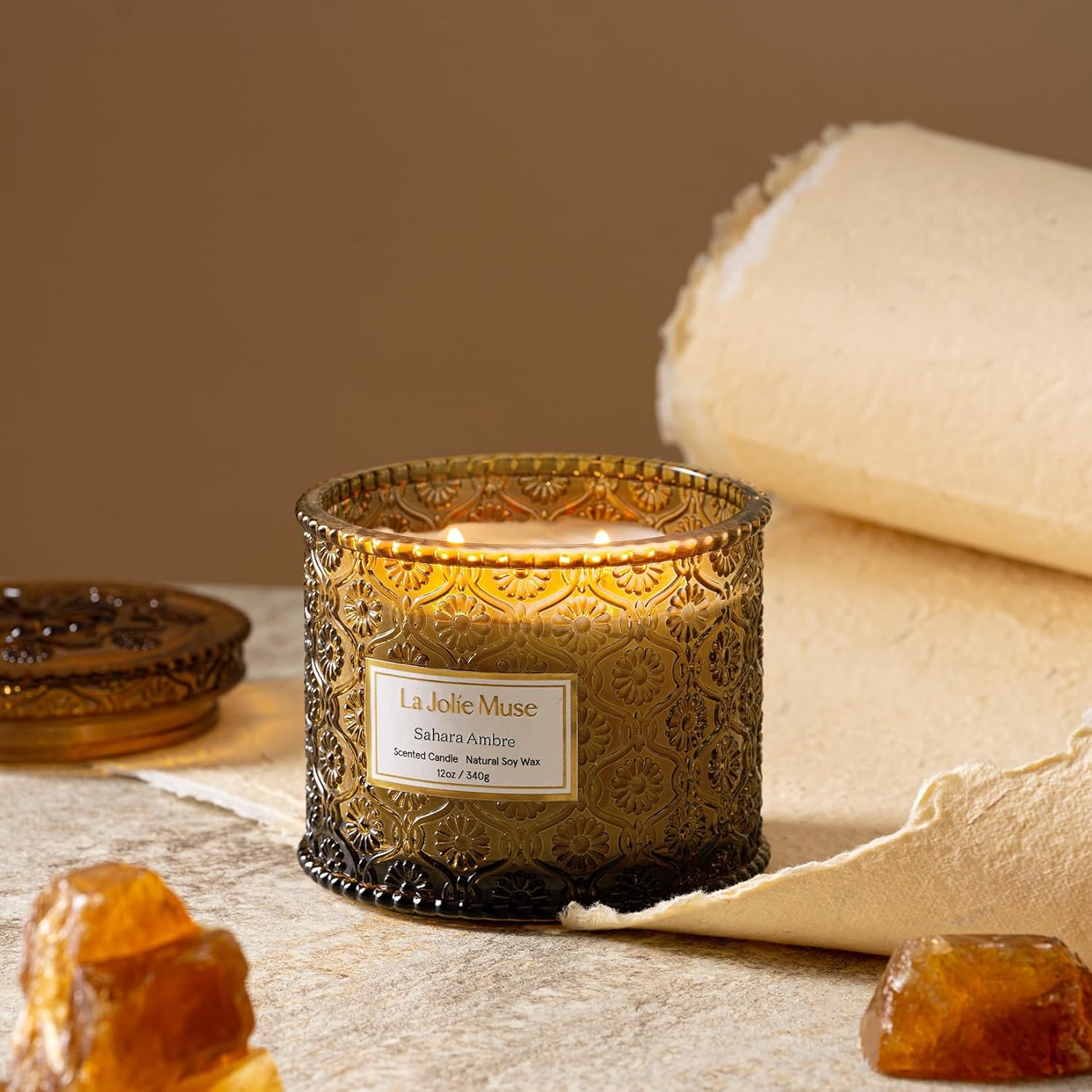 LA JOLIE MUSE Sahara Amber Scented Candles for Home, Natural Soy Wax 2-Wick | Large Jar Luxury Candle, Clean Non Toxic, Gift for Women & Men, Decorative Candles, Pretty Candle, Bergamot, Musk & Patchouli