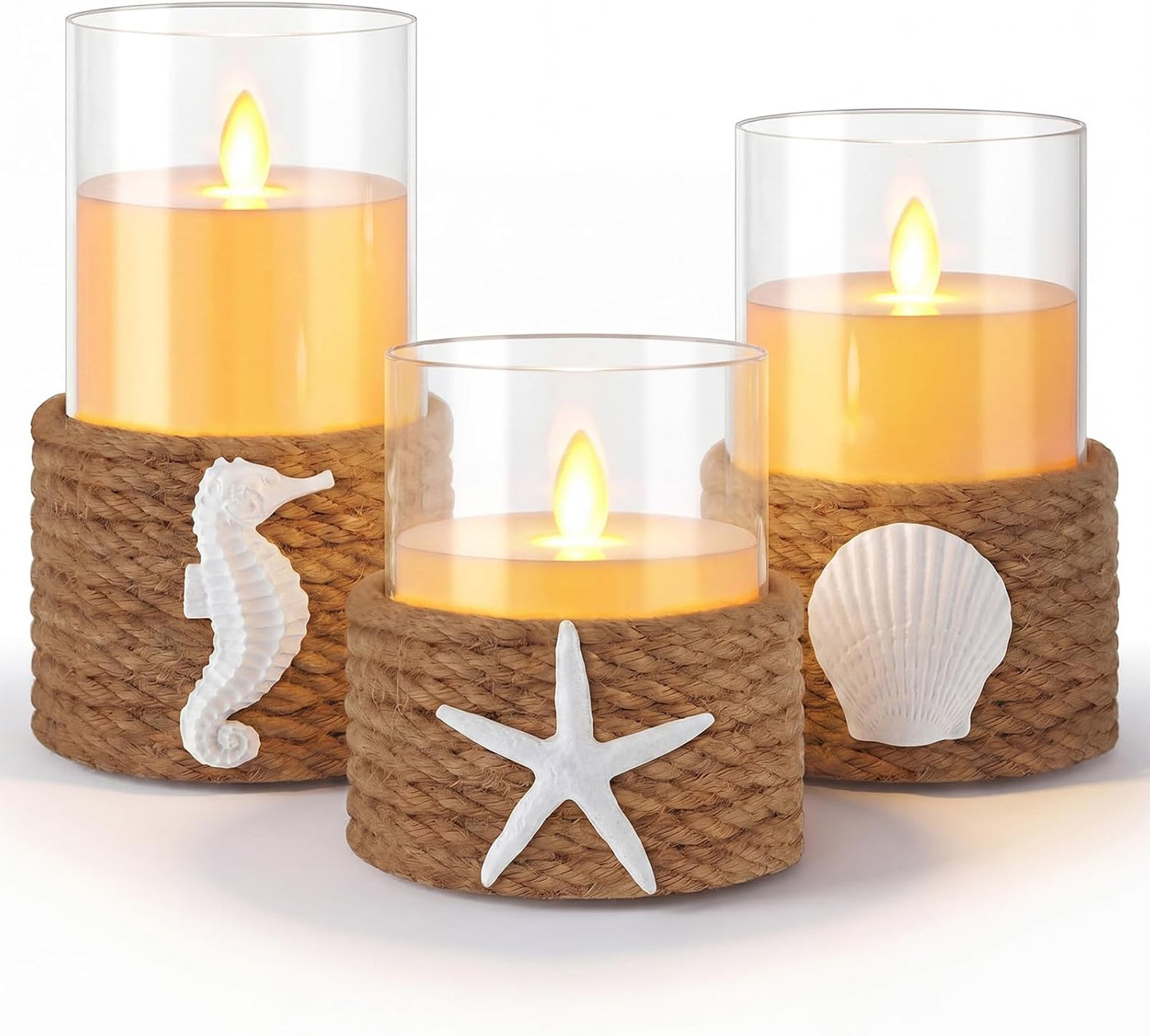 Baquler 3 Pcs Beach Starfish Flameless Plastic LED Battery Candle with Rope Farmhouse Nautical Gradient Candle Seashell Seahorse Decorative Candlestick for Coastal Wedding Party Table Centerpieces