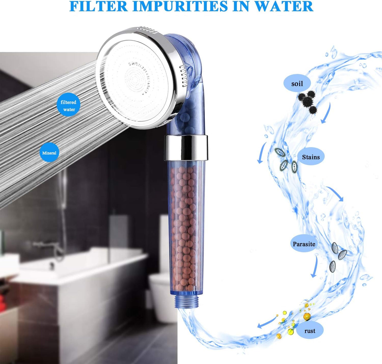 Detachable Ionic Filter Shower Head, High Pressure Showerhead with 3 Setting, Water Saving and Purify Water Quality, Stone Filter Beads Handheld Shower for Dry Hair and Skin Spa