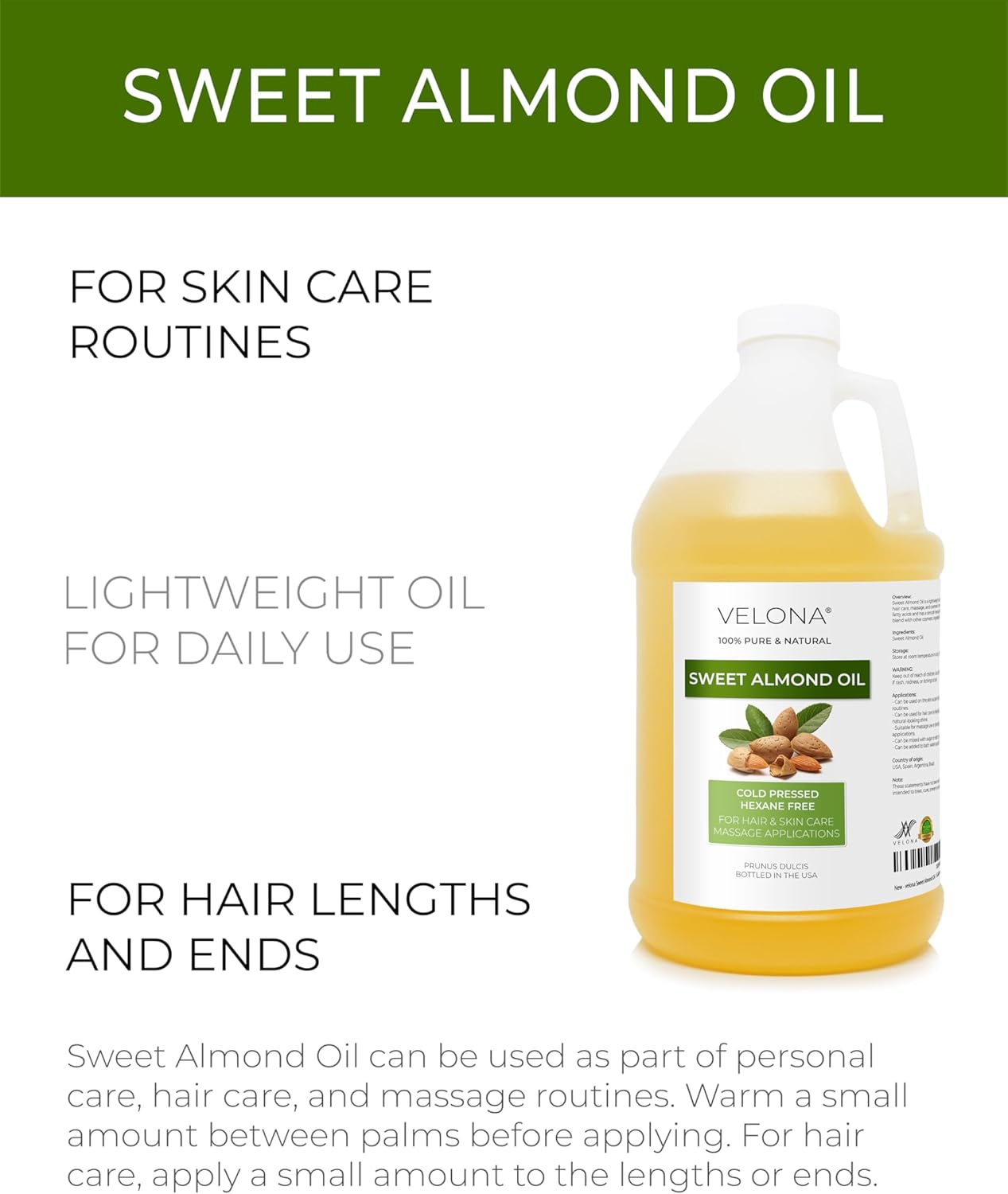 velona Sweet Almond Oil - 64 Fl Oz | 100% Pure and Natural Carrier Oil |Cold Pressed | Skin, Hair, Body & Face Moisturizing | Use Today - Enjoy Results…