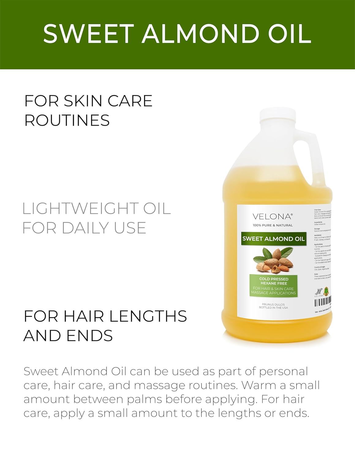 velona Sweet Almond Oil - 1 Gallon / 128 Fl Oz | 100% Pure and Natural Carrier Oil |Cold Pressed | Skin, Hair, Body & Face Moisturizing | Use Today - Enjoy Results…