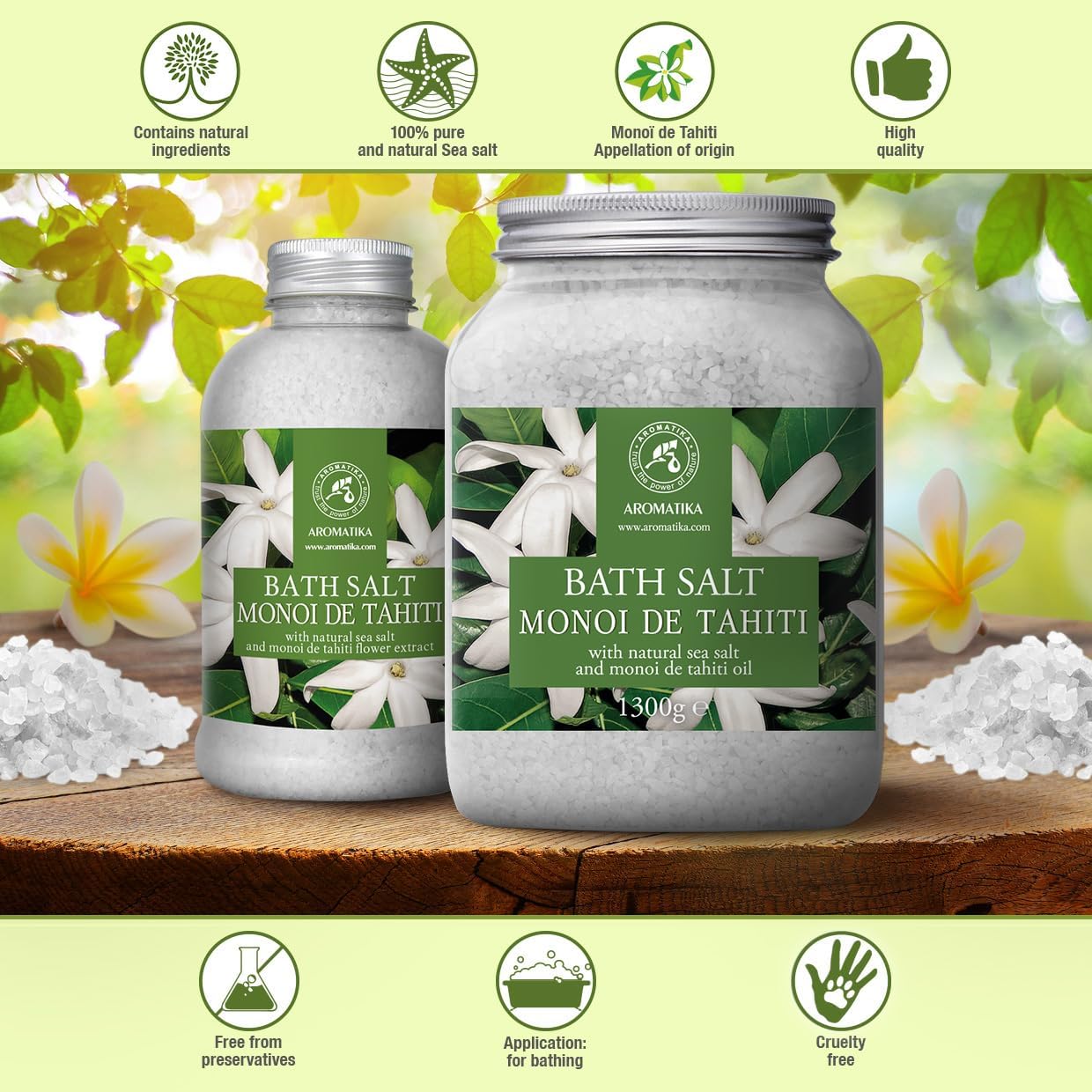 AROMATIKA Bath Salt Monoi de Tahiti 21.16 Oz (600g) - Coconut and Gardenia Flowers Scent - Relaxing Bath - Good Sleep - Aromatherapy - Sea Salt Bath