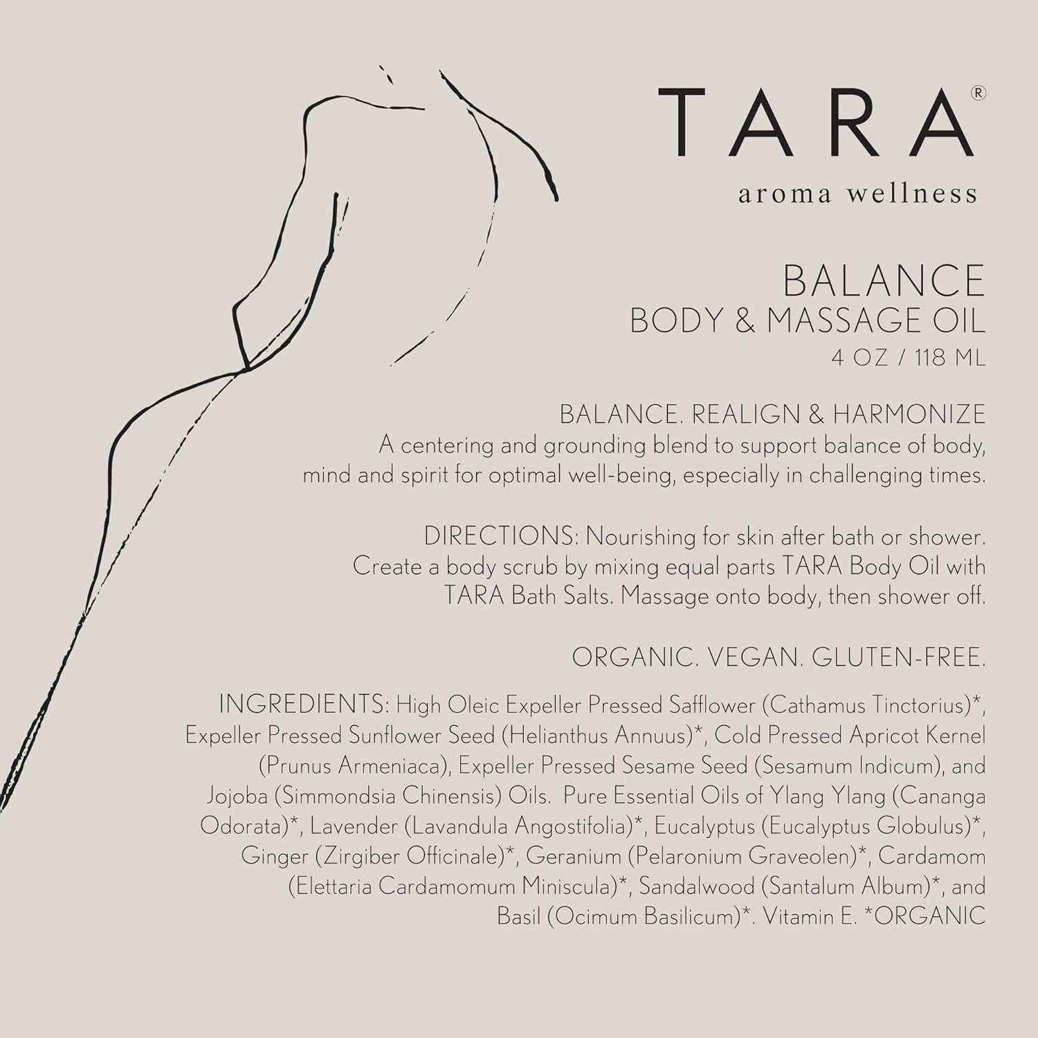 TARA Spa Therapy Balance Massage Oil – Premium Organic Oil for Relaxation & Stress Relief, 100% Pure Essential Oils, Ylang Ylang, Orange & Vetiver, 4 oz
