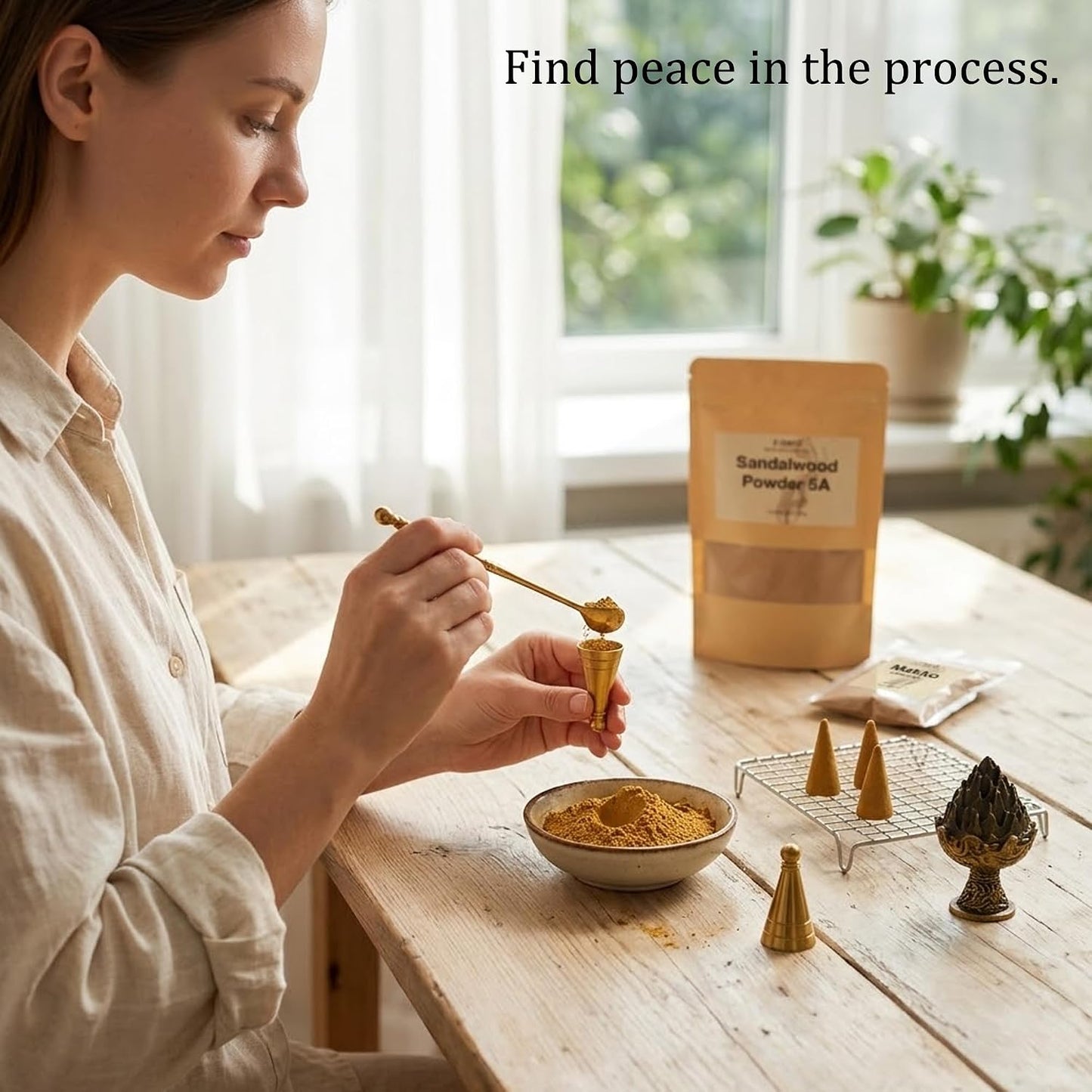 Mysore Sandalwood Powder 100g - 5A Grade Natural Incense Powder for DIY Incense Sticks, Cone Making, Seal Molding, Aromatherapy - Includes 3-Piece Cone Mold Set (Incense Burner, Mold, Spoon)