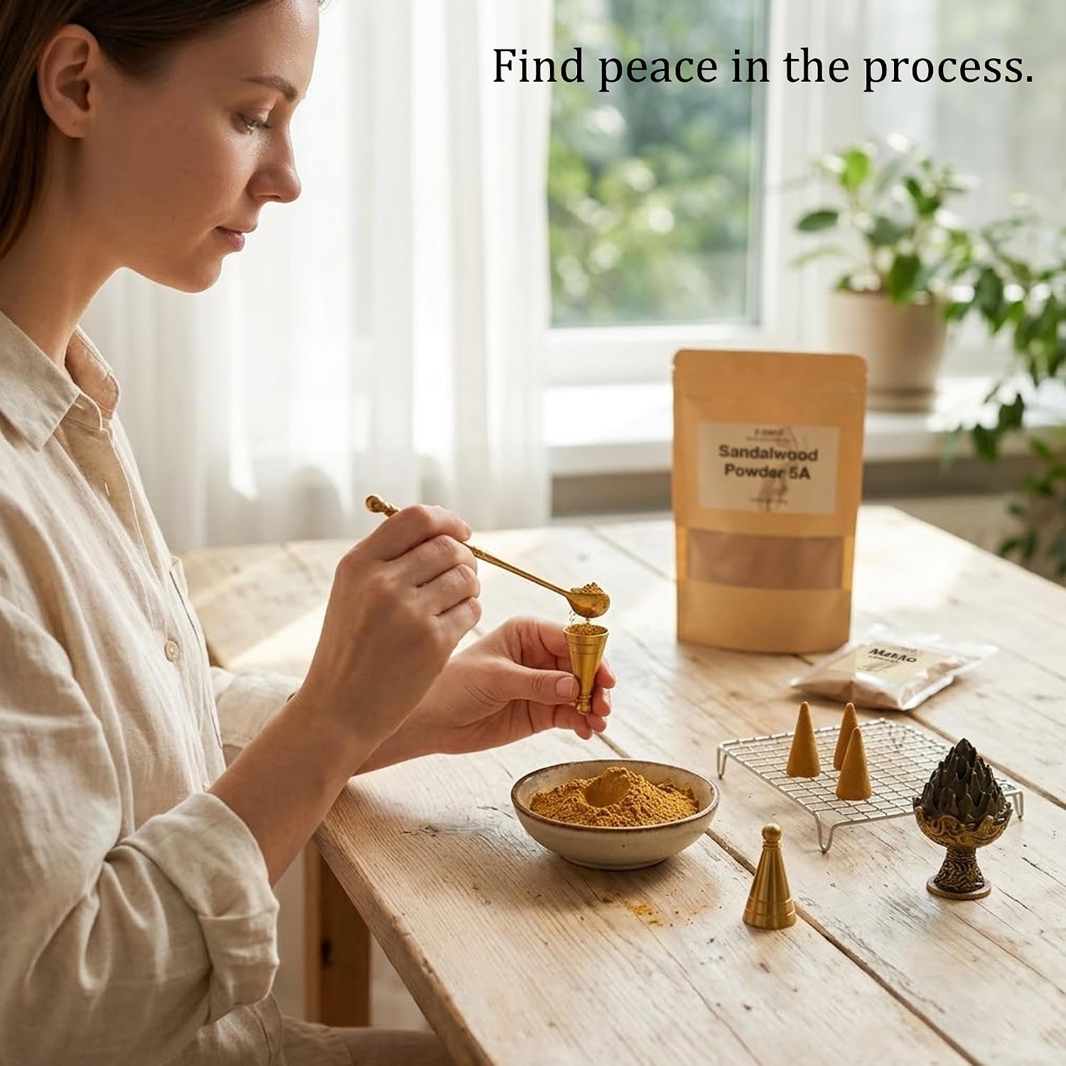 Mysore Sandalwood Powder 100g - 5A Grade Natural Incense Powder for DIY Incense Sticks, Cone Making, Seal Molding, Aromatherapy - Includes 3-Piece Cone Mold Set (Incense Burner, Mold, Spoon)