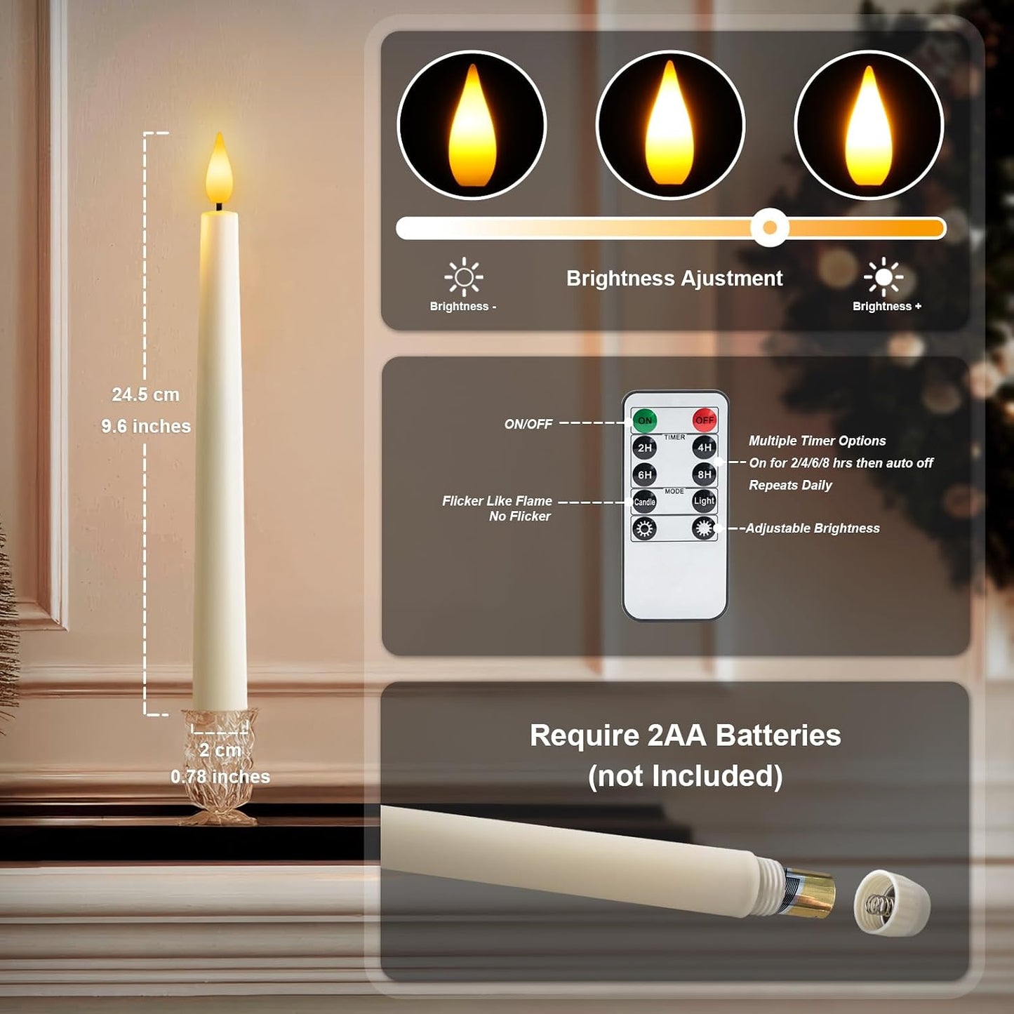 12 Pcs Flameless Taper Candles with Remote, Timer, Plastic Battery Operated Window Candles, 9.6 Inches Ivory LED Candlesticks, for Halloween Christmas Home Decoration