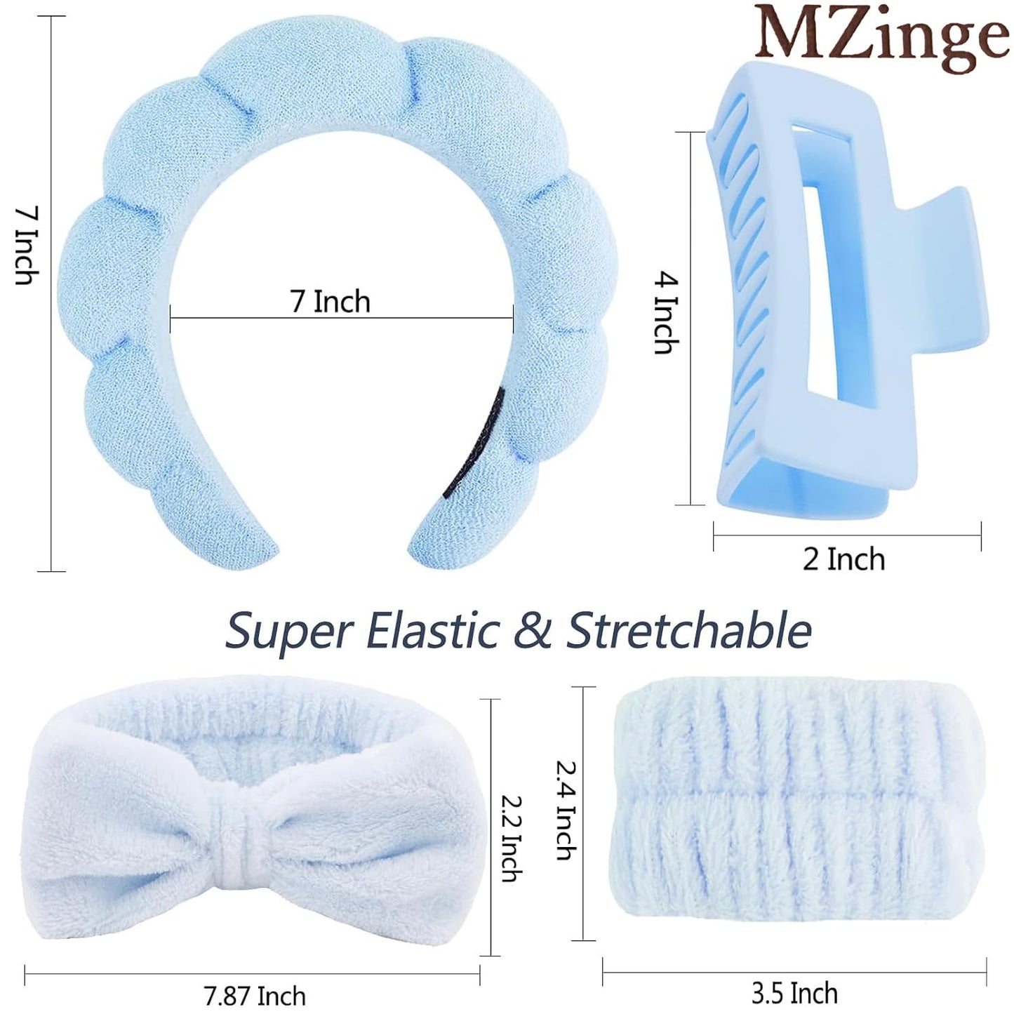5 Pcs Spa Headbands for Wash Face, Makeup Headband, Facial Skincare Headbands, Puffy Sponge Spa Headband Bow Tie Hair Band Hair Clips Wristband Set Women Girls (Blue)