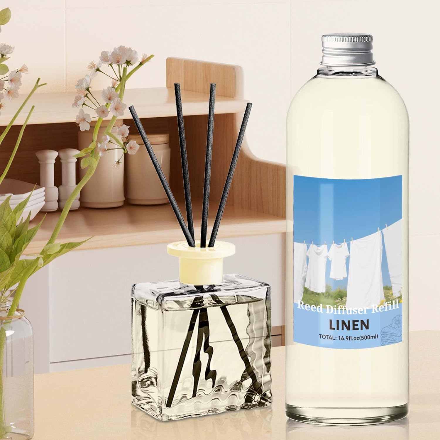 STRN Linen Reed Diffuser Refill 500ml with 6 Natural Reed Sticks, Smooth Aromatherapy for Home, Cozy Comfort Fragrance for Bedroom, Closet, Bathroom