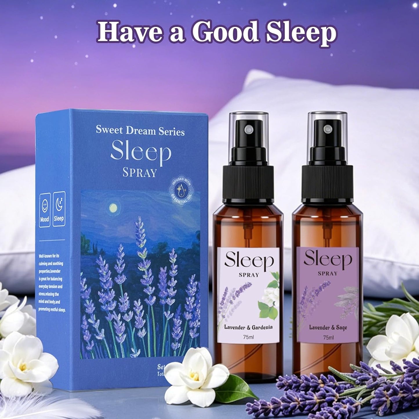 STRN Room Spray with Lavender Essential Oil for Sleep, Sleep Spray, Pillow Spray, 2 Scents - Lavender & Gardenia, Sage, Sweet Dream Fragrance Mist, 75 ML x 2 Bottles